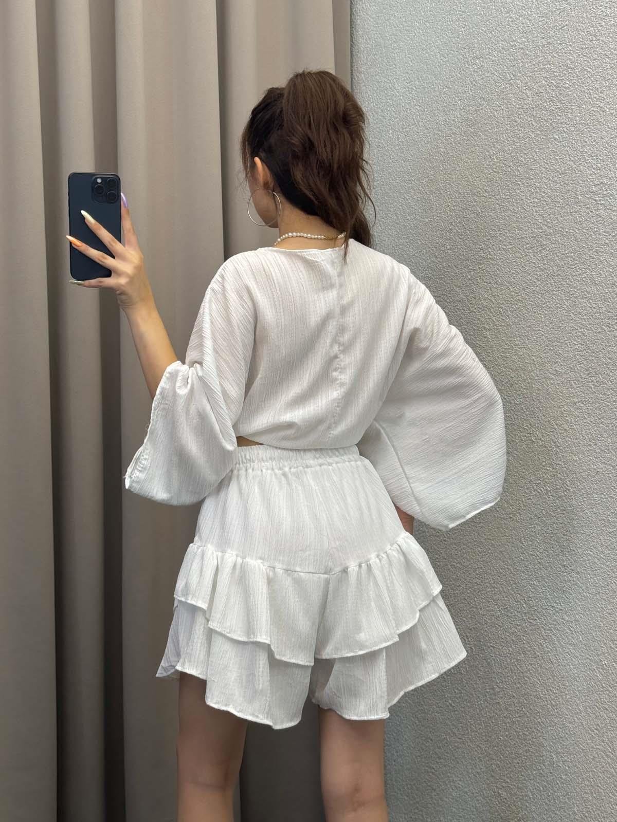 Sats Beyaz Şort Etek Bluz İkili Takım