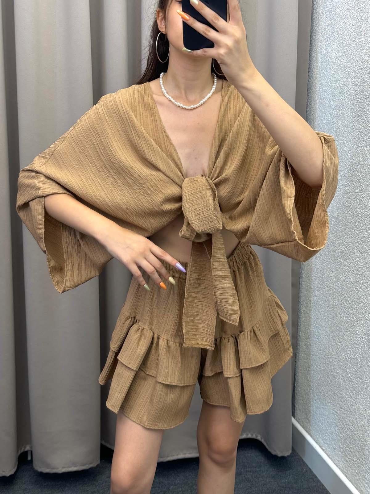 Sats Kahve Şort Etek Bluz İkili Takım