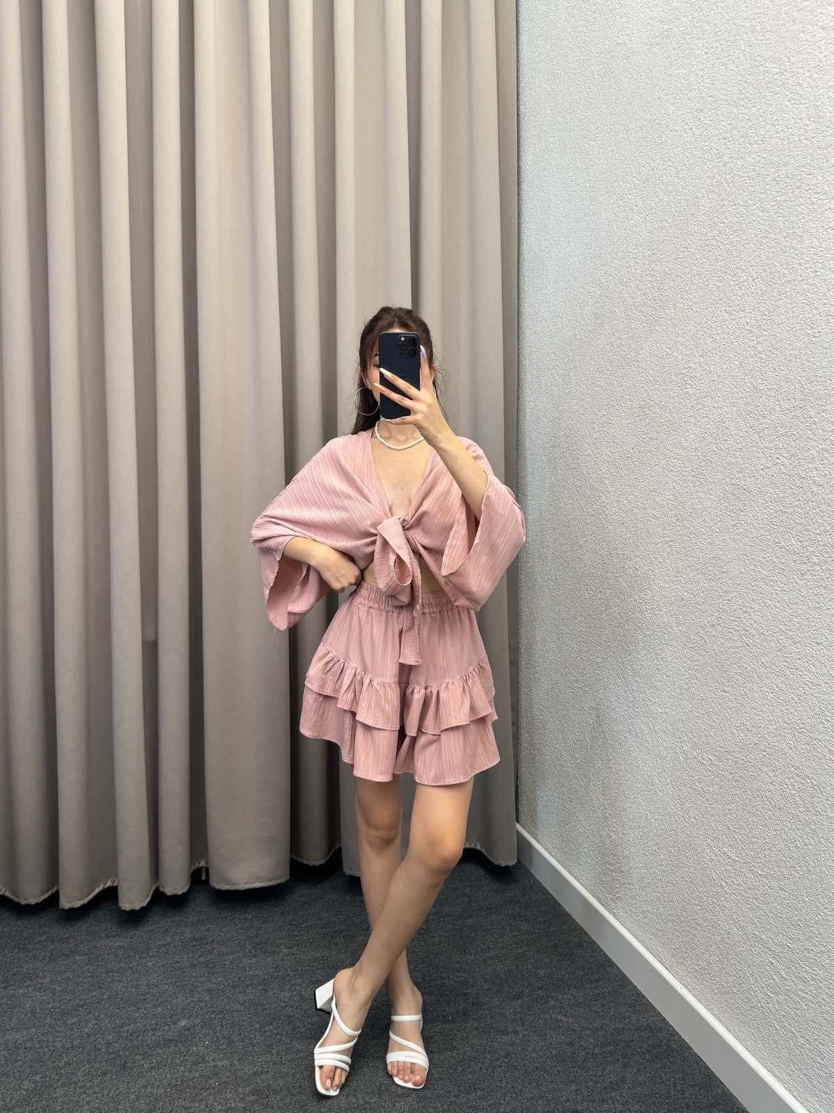 Sats Pudra Şort Etek Bluz İkili Takım