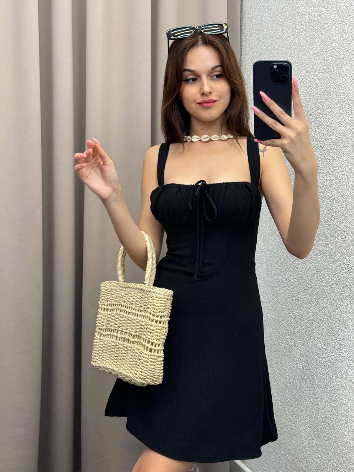 Sırt Drape Askılı Mini Siyah Elbise