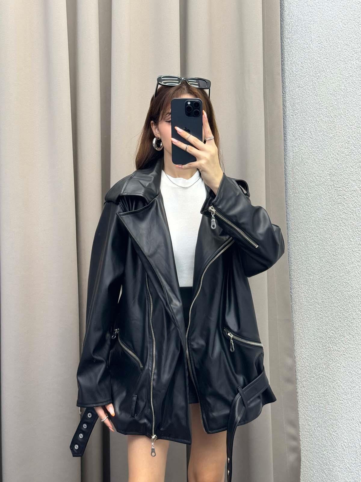 Siyah Biker Deri Ceket