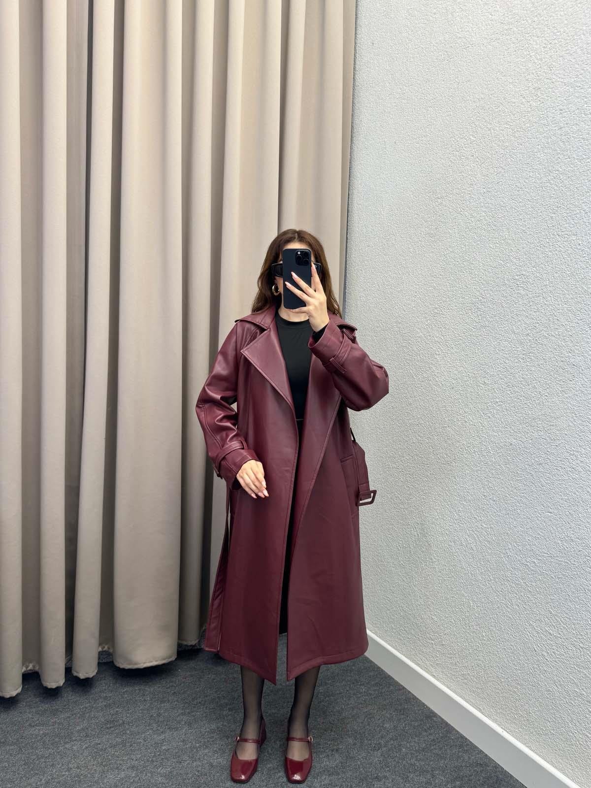 Smith Kırmızı Deri Trençkot