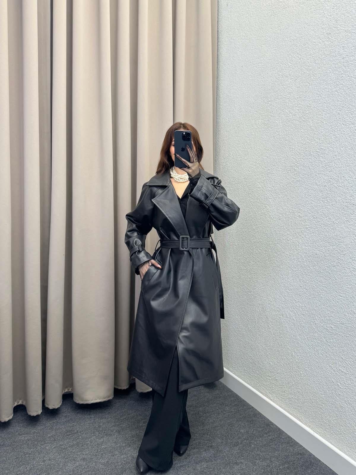 Smith Siyah Deri Trençkot