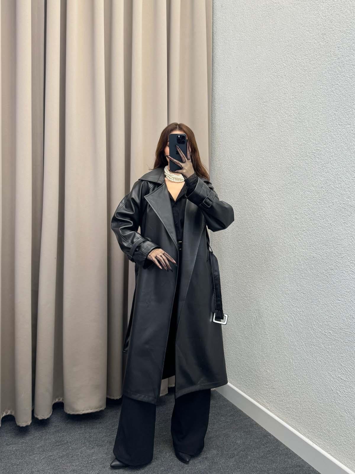 Smith Siyah Deri Trençkot