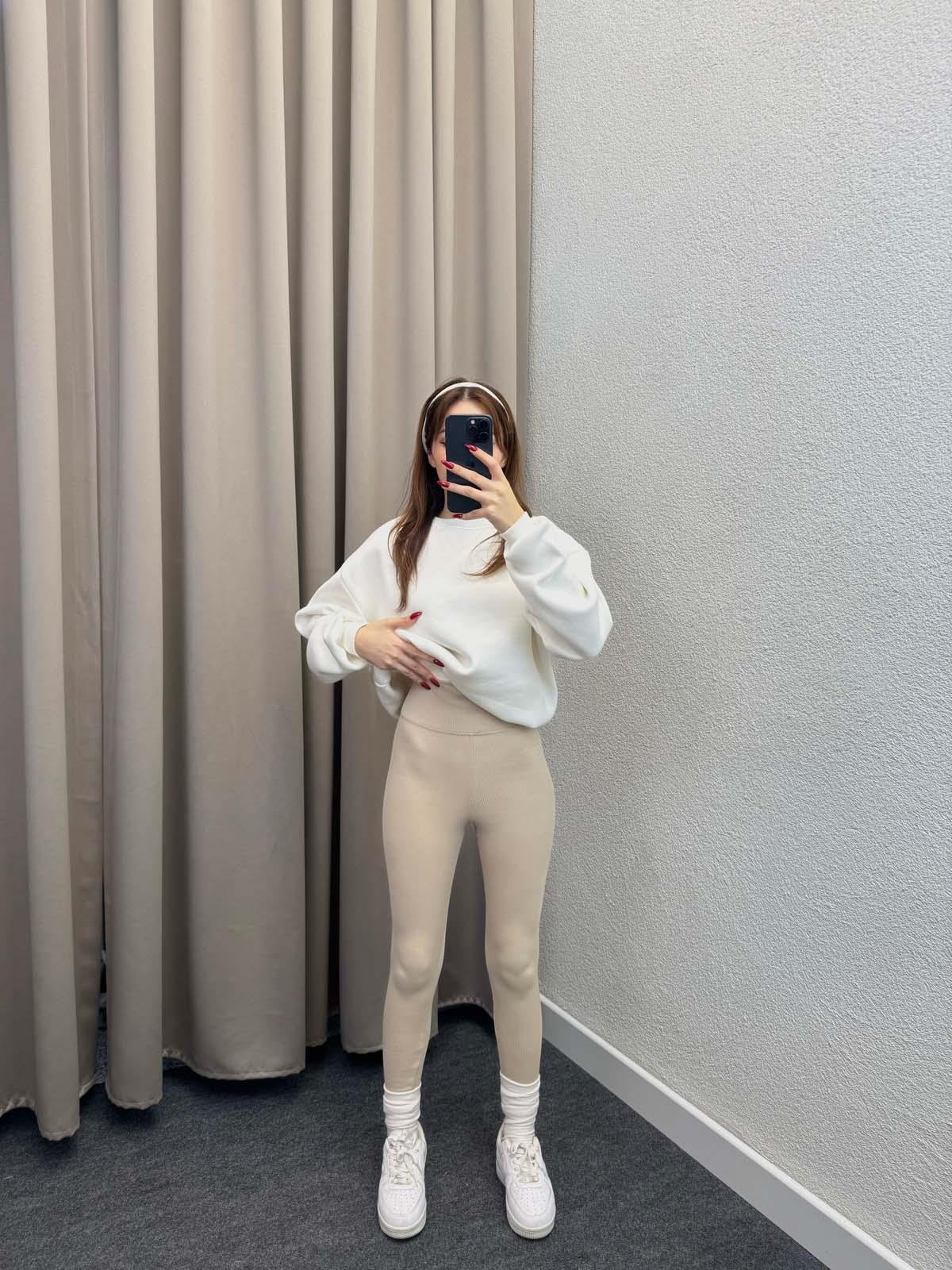 Süper Yüksek Bel Bej Fitilli Tayt