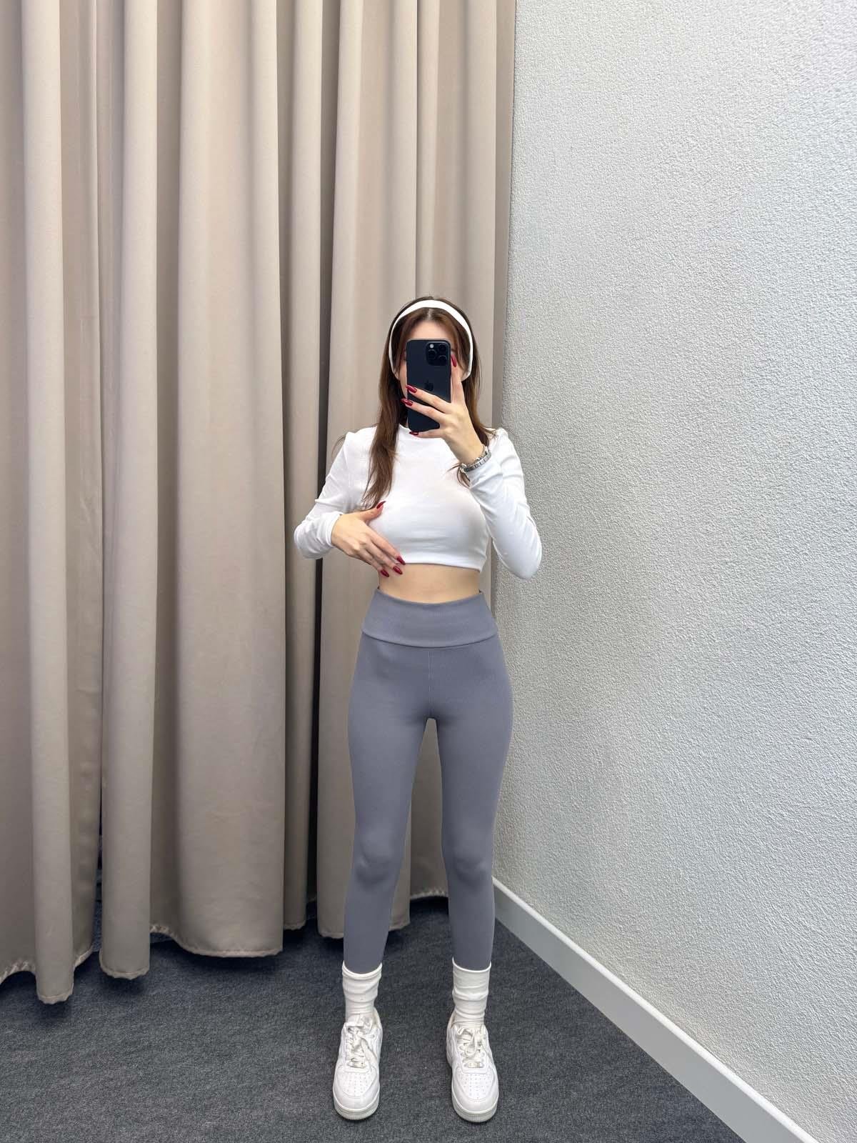 Süper Yüksek Bel Gri Fitilli Tayt