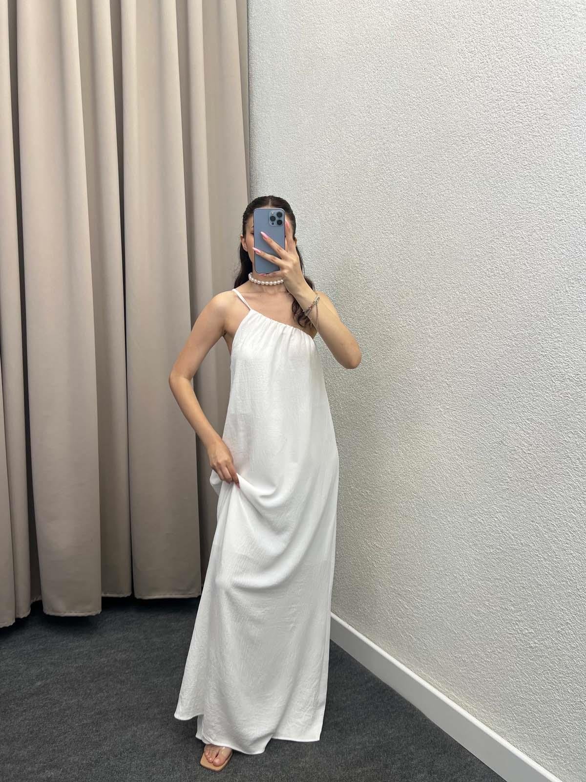 Tek Omuz Askılı Beyaz Aerobin Elbise