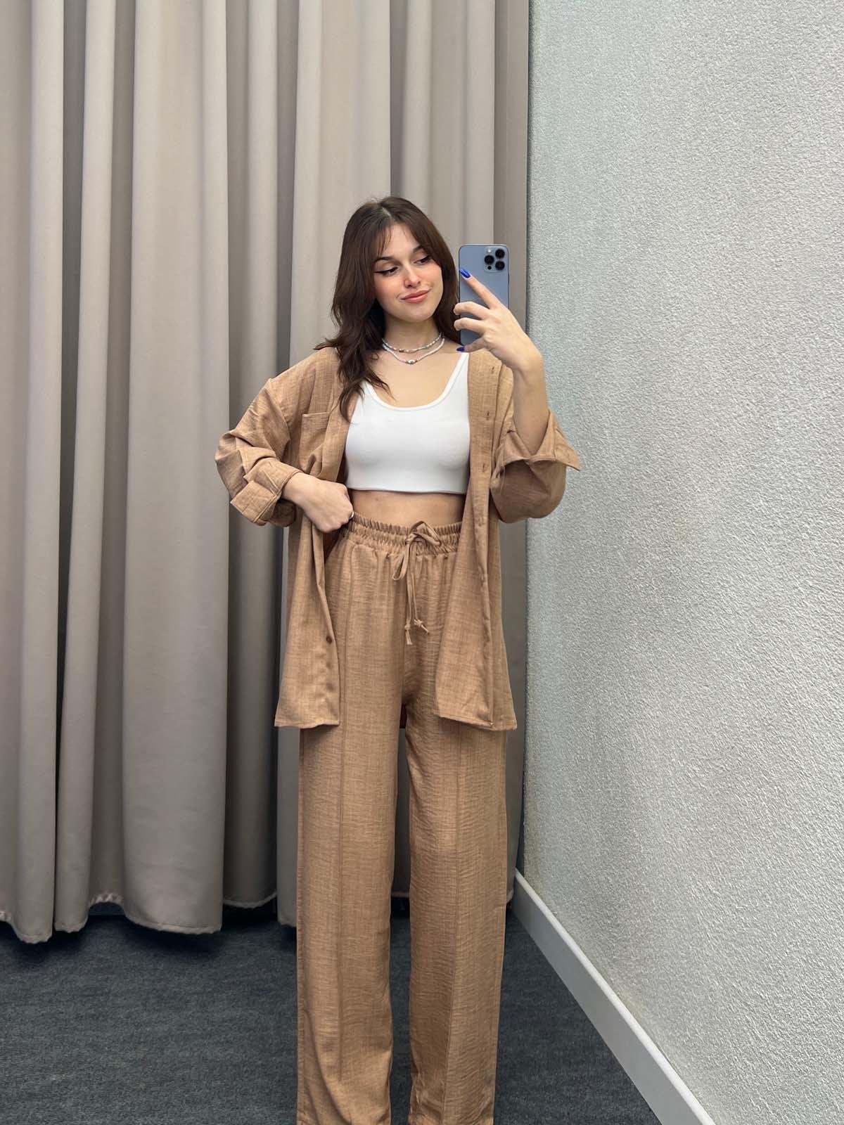 Think Keten Karamel Gömlekli Takım