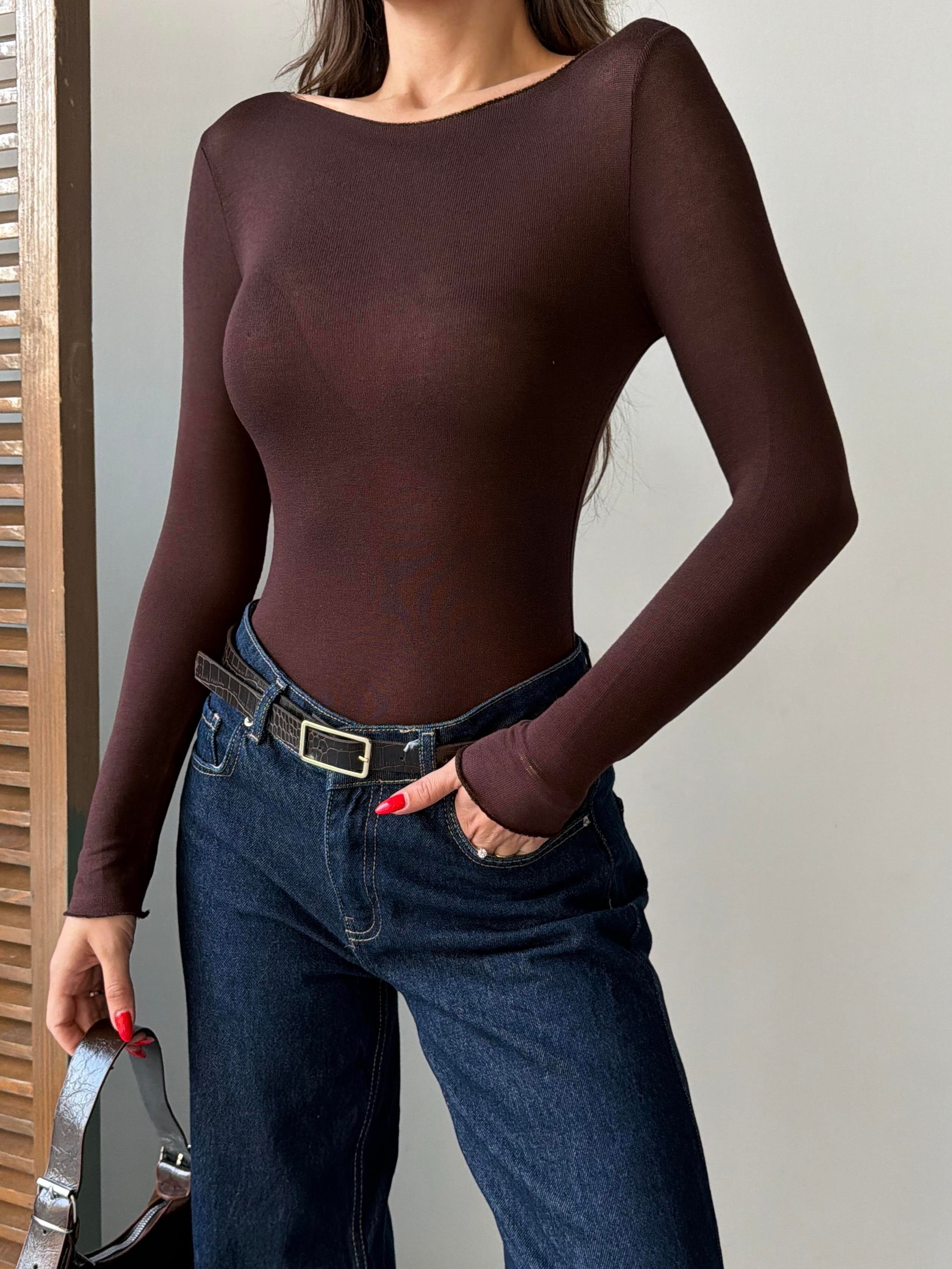 TRANSPARAN KAYIK YAKA BLUZ KAHVE