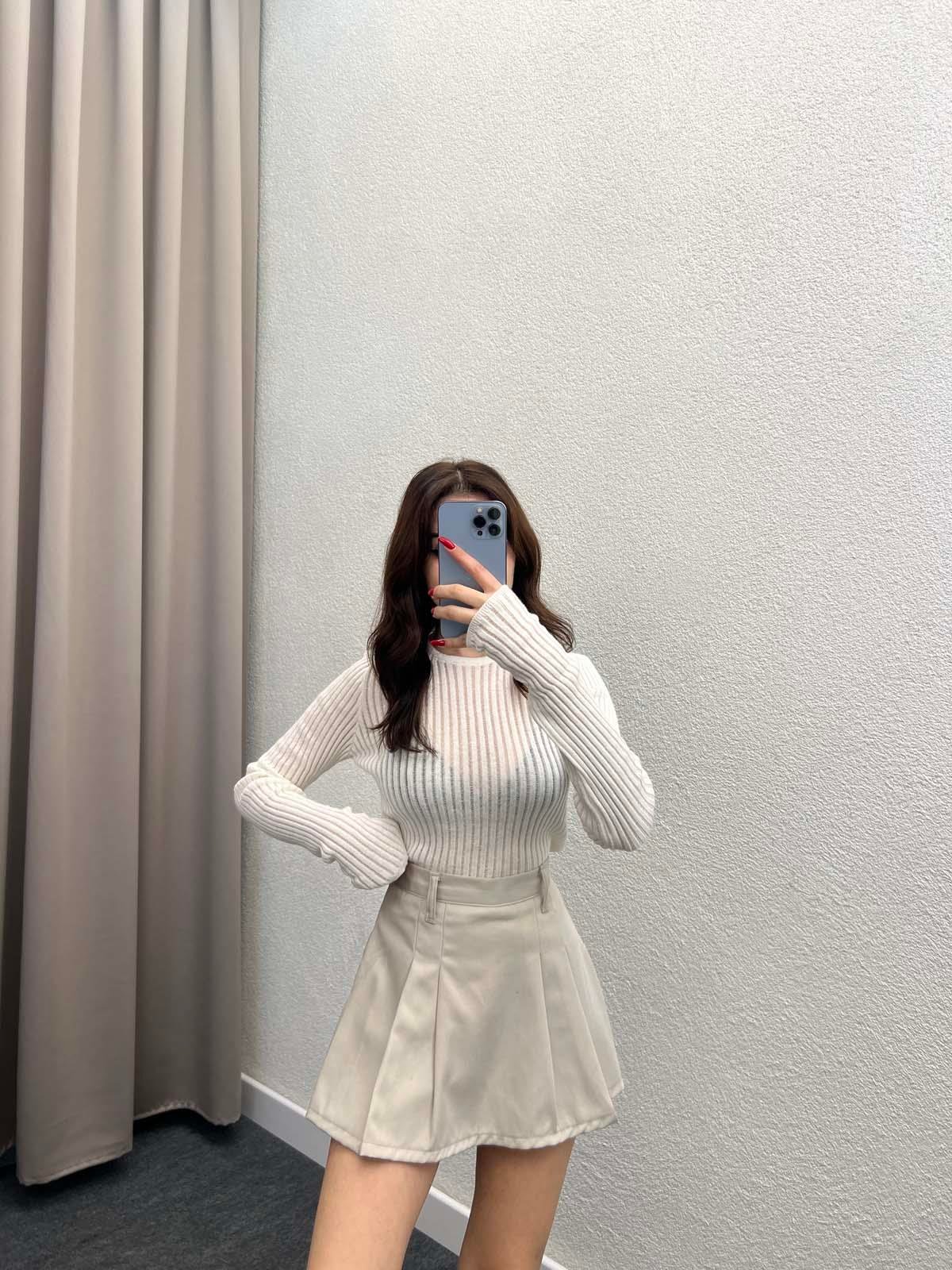 Vials Krem Bisiklet Yaka Tül Örgü Bluz