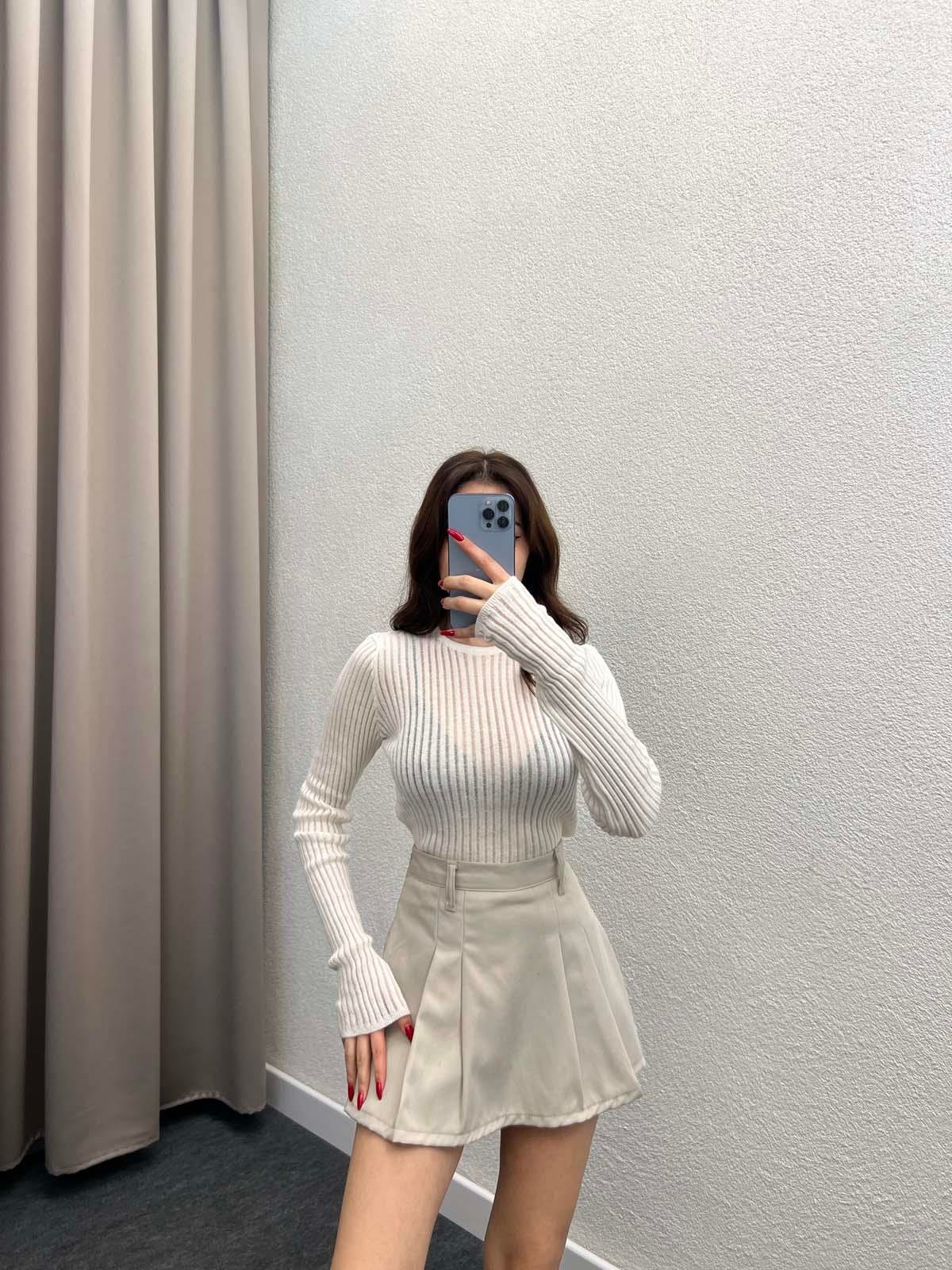 Vials Krem Bisiklet Yaka Tül Örgü Bluz