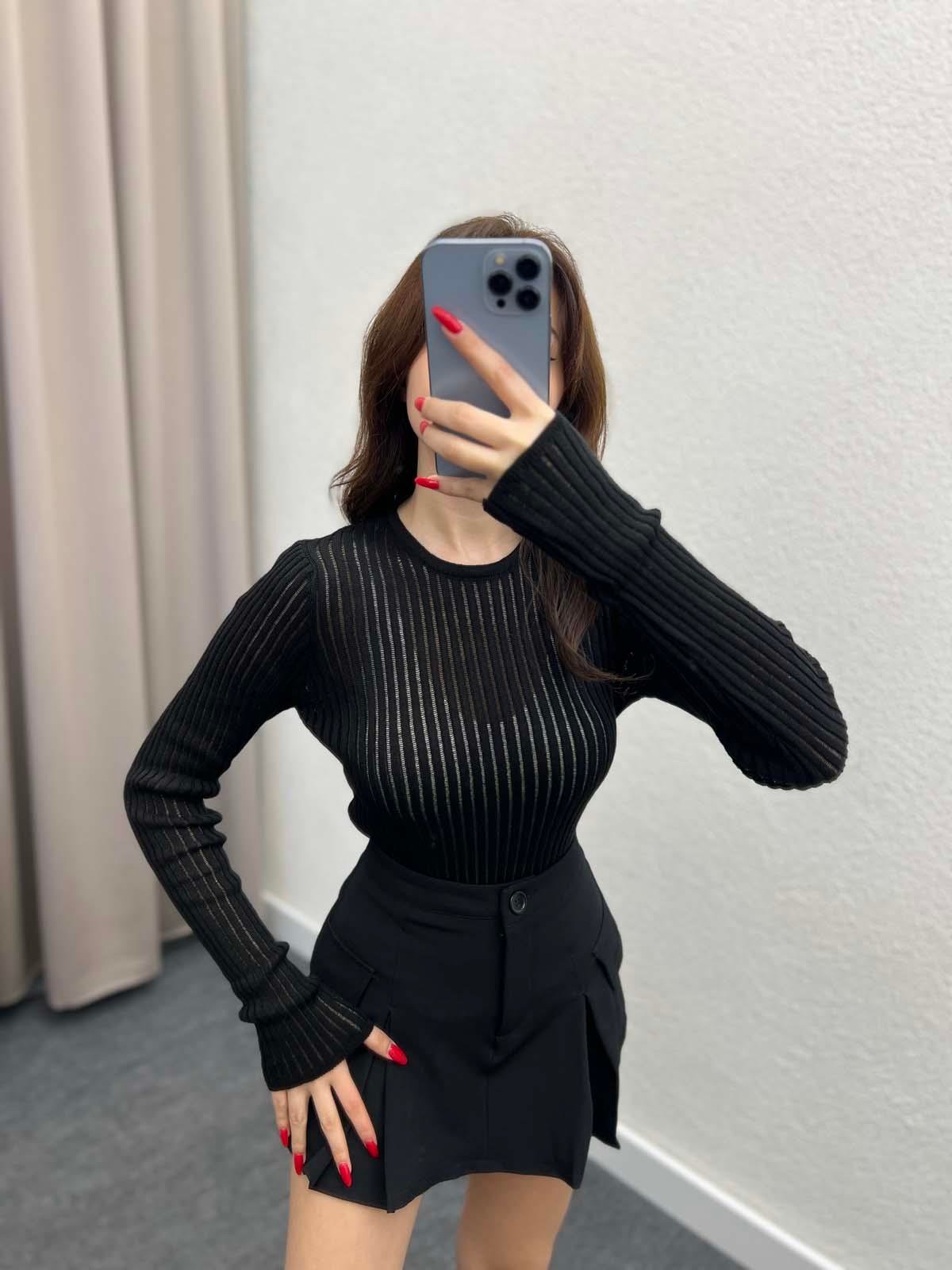 Vials Siyah Bisiklet Yaka Tül Örgü Bluz