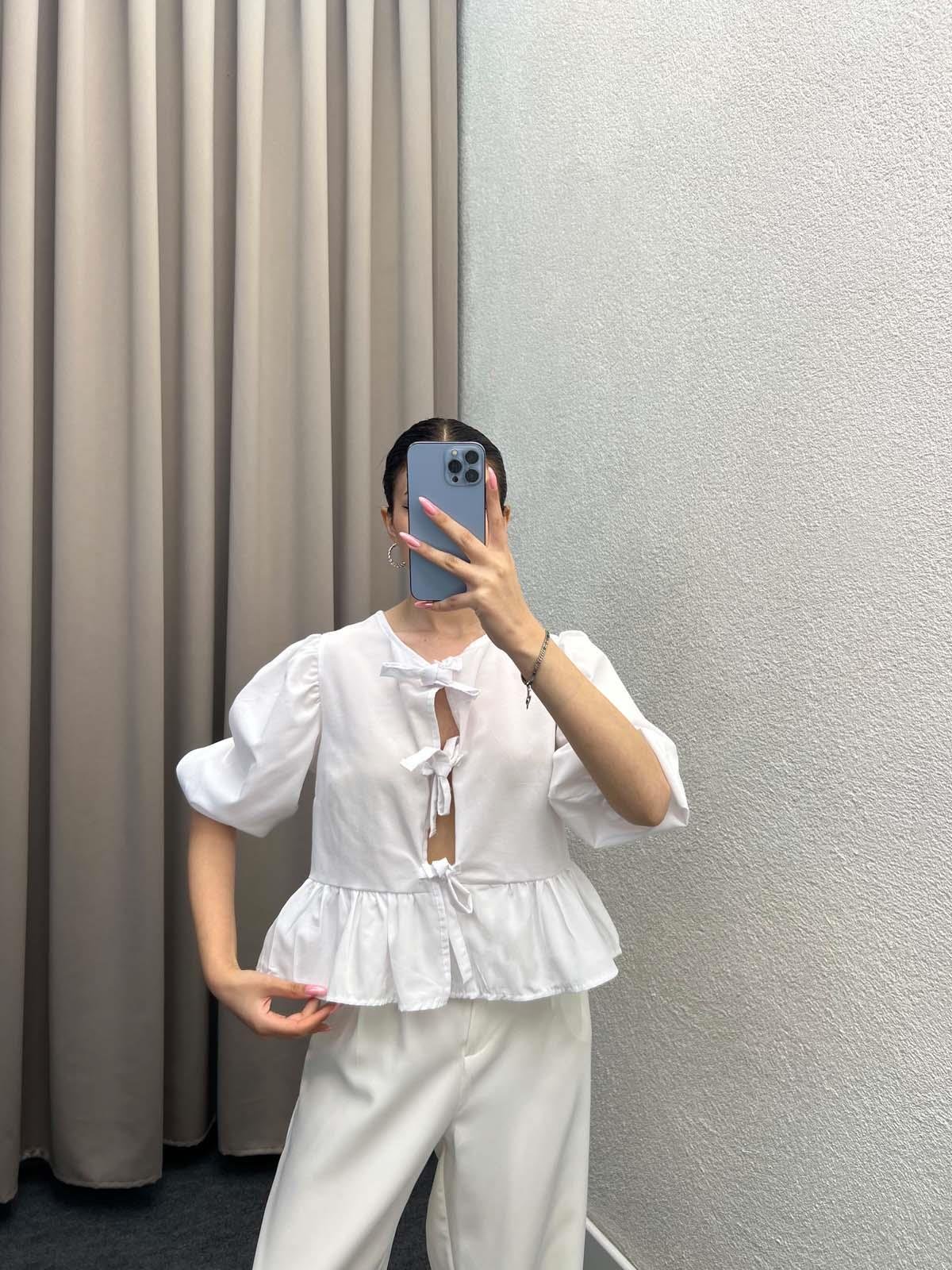 Voleta Önü Bağlamalı Beyaz Bluz