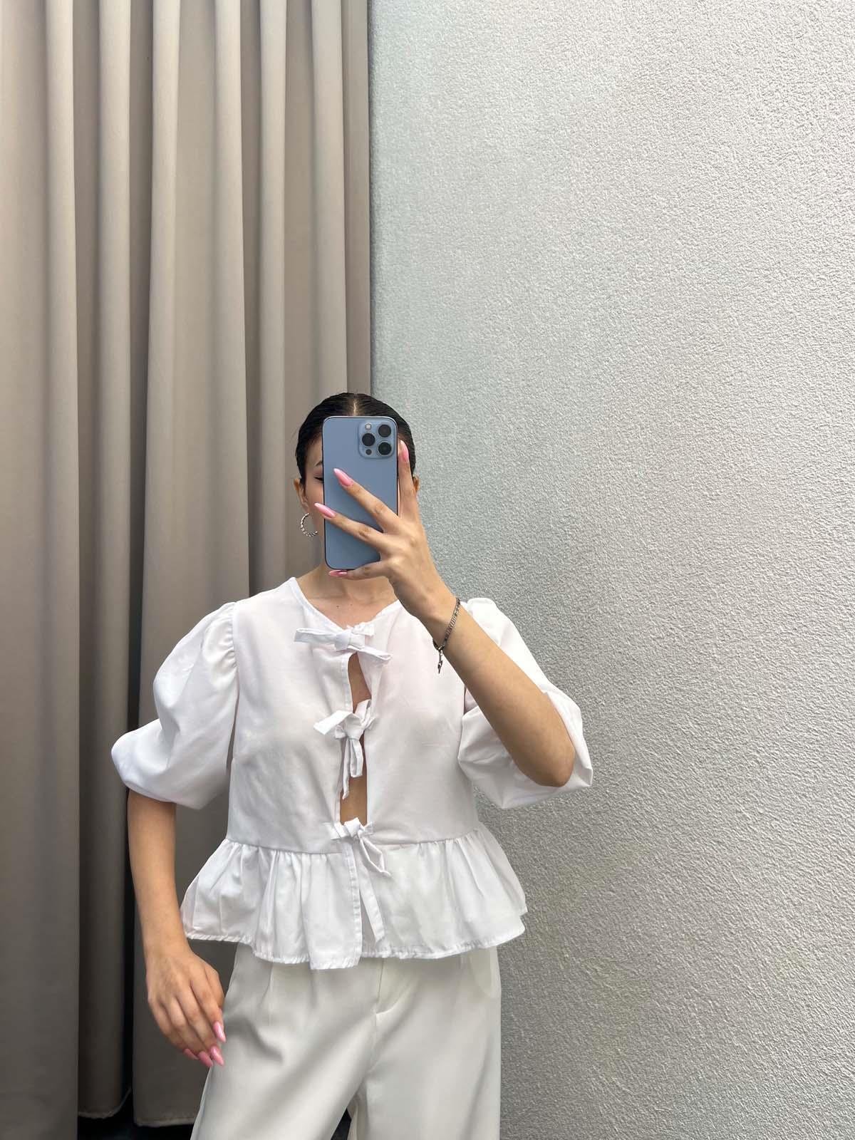 Voleta Önü Bağlamalı Beyaz Bluz