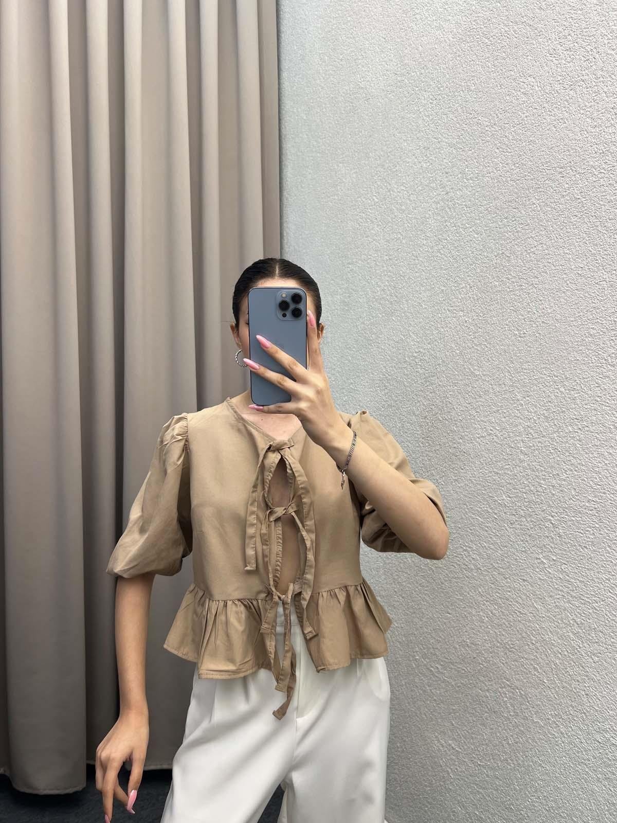 Voleta Önü Bağlamalı Kahve Bluz