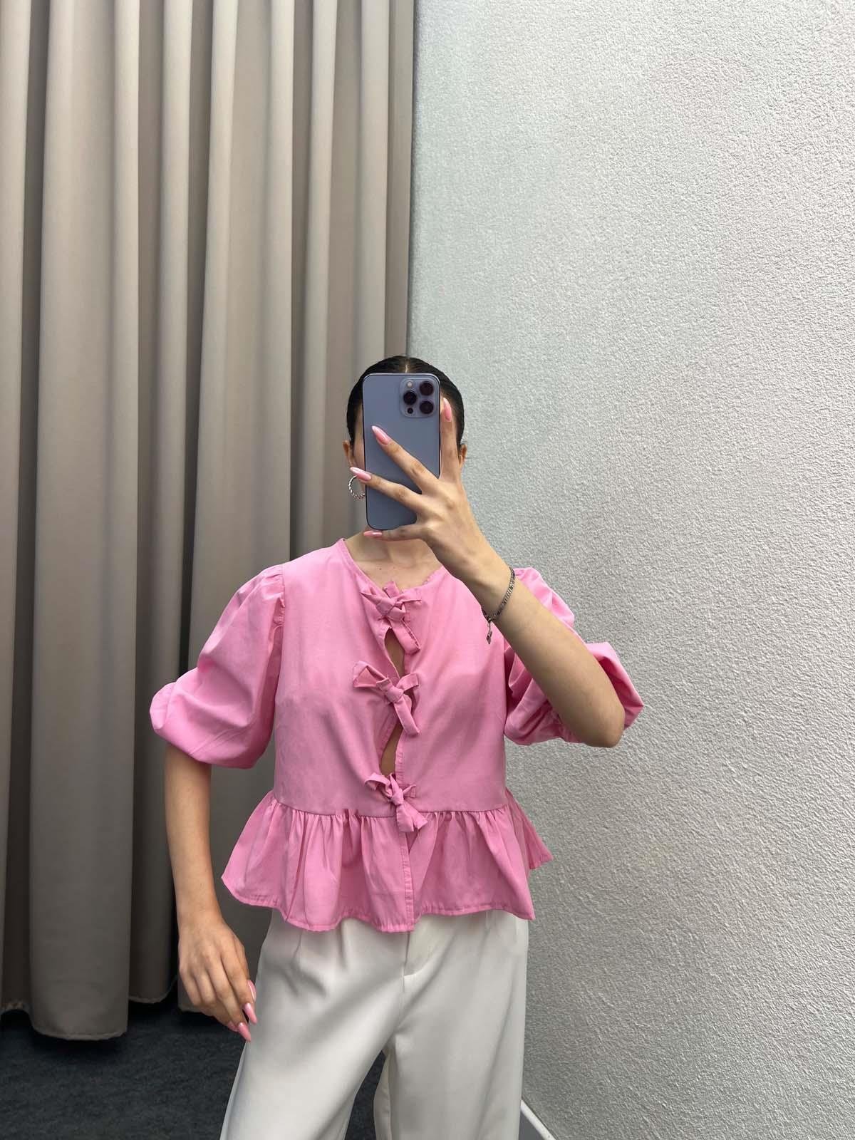 Voleta Önü Bağlamalı Pembe Bluz