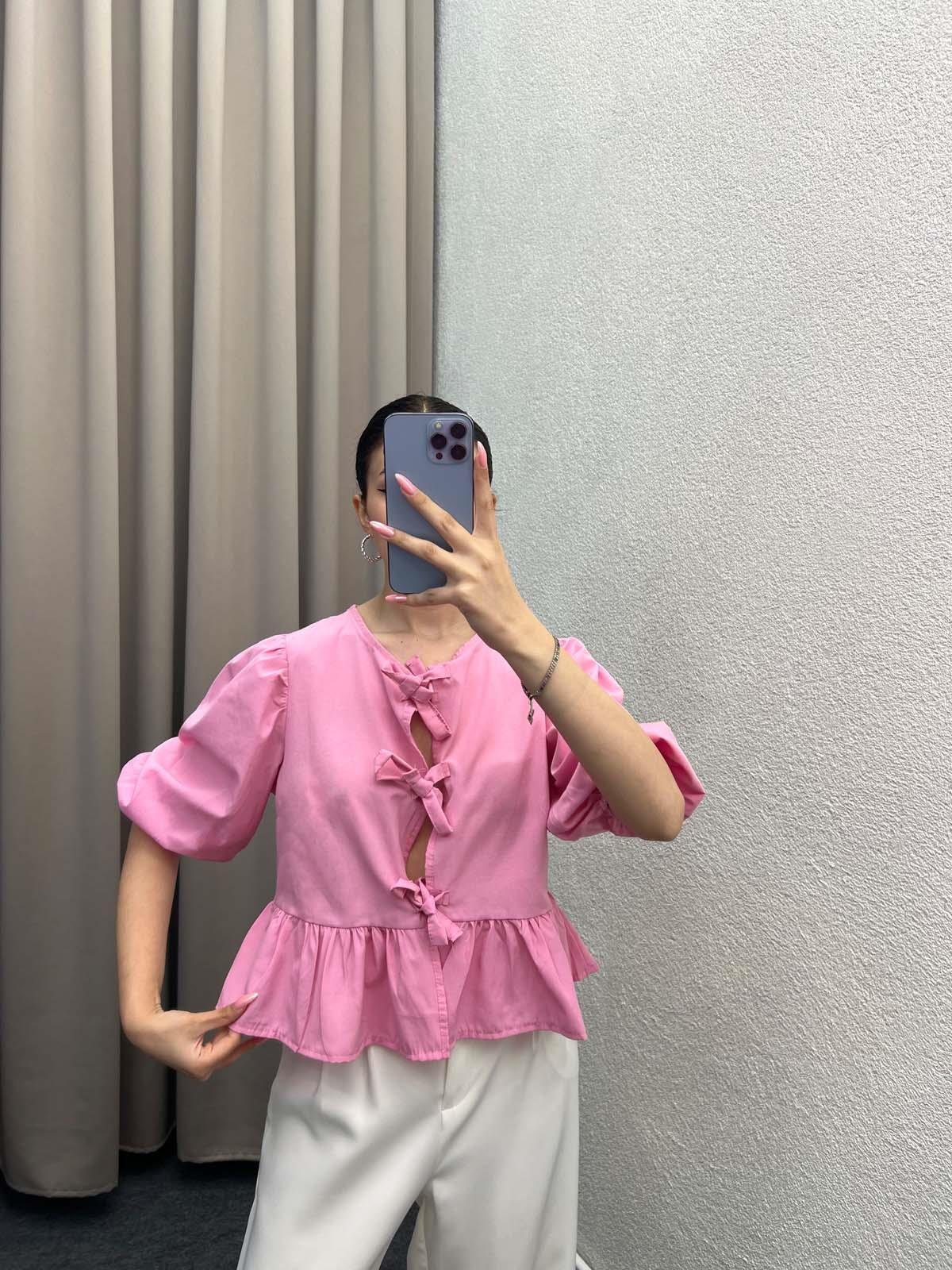 Voleta Önü Bağlamalı Pembe Bluz