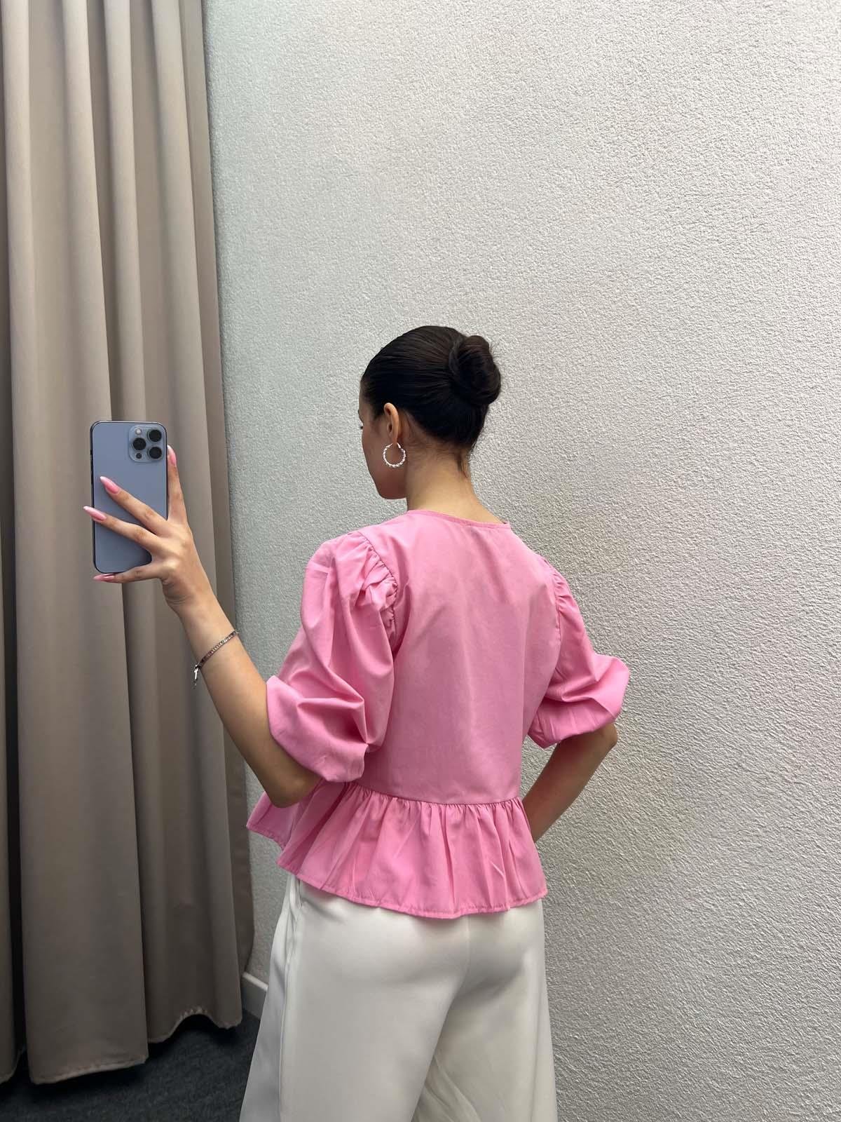 Voleta Önü Bağlamalı Pembe Bluz