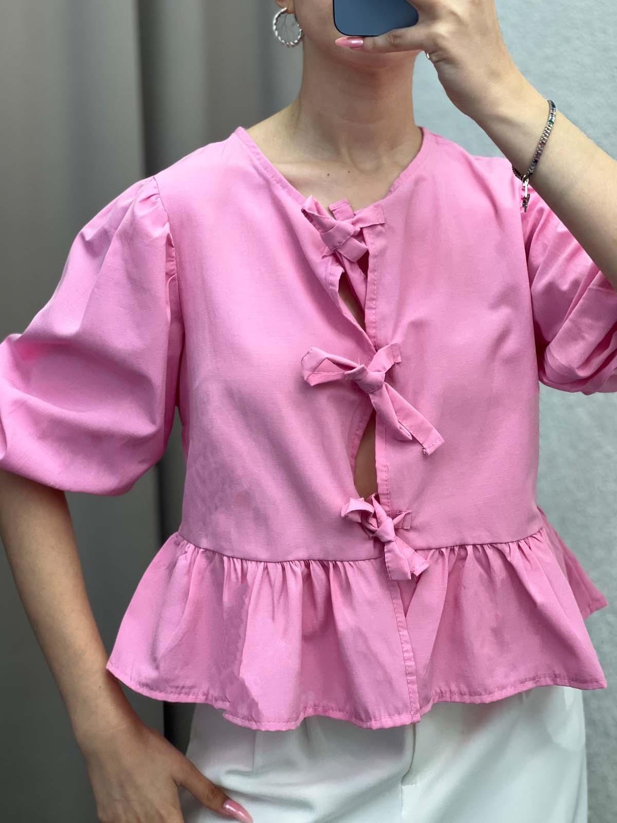 Voleta Önü Bağlamalı Pembe Bluz