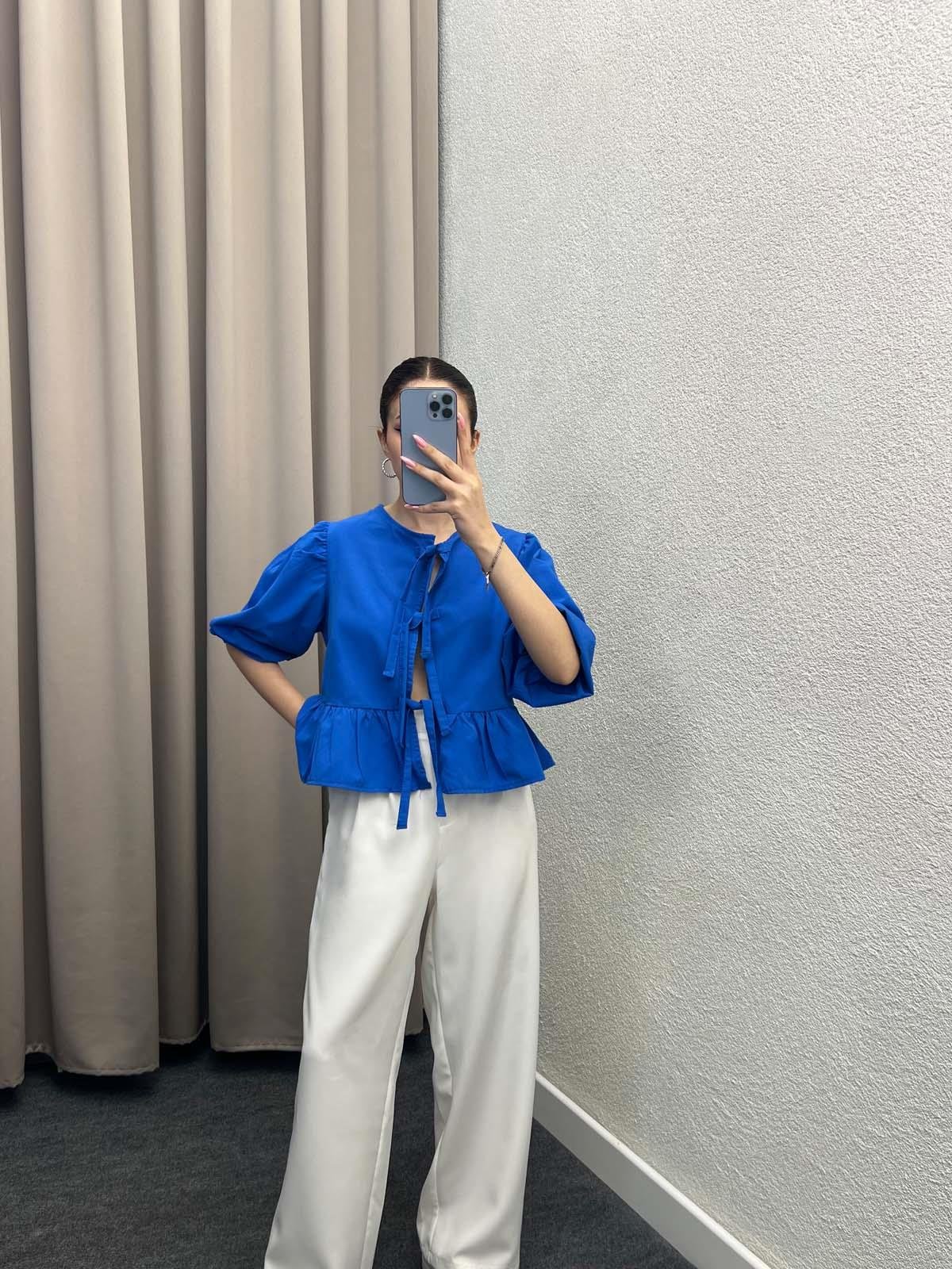 Voleta Önü Bağlamalı Saks Mavi Bluz