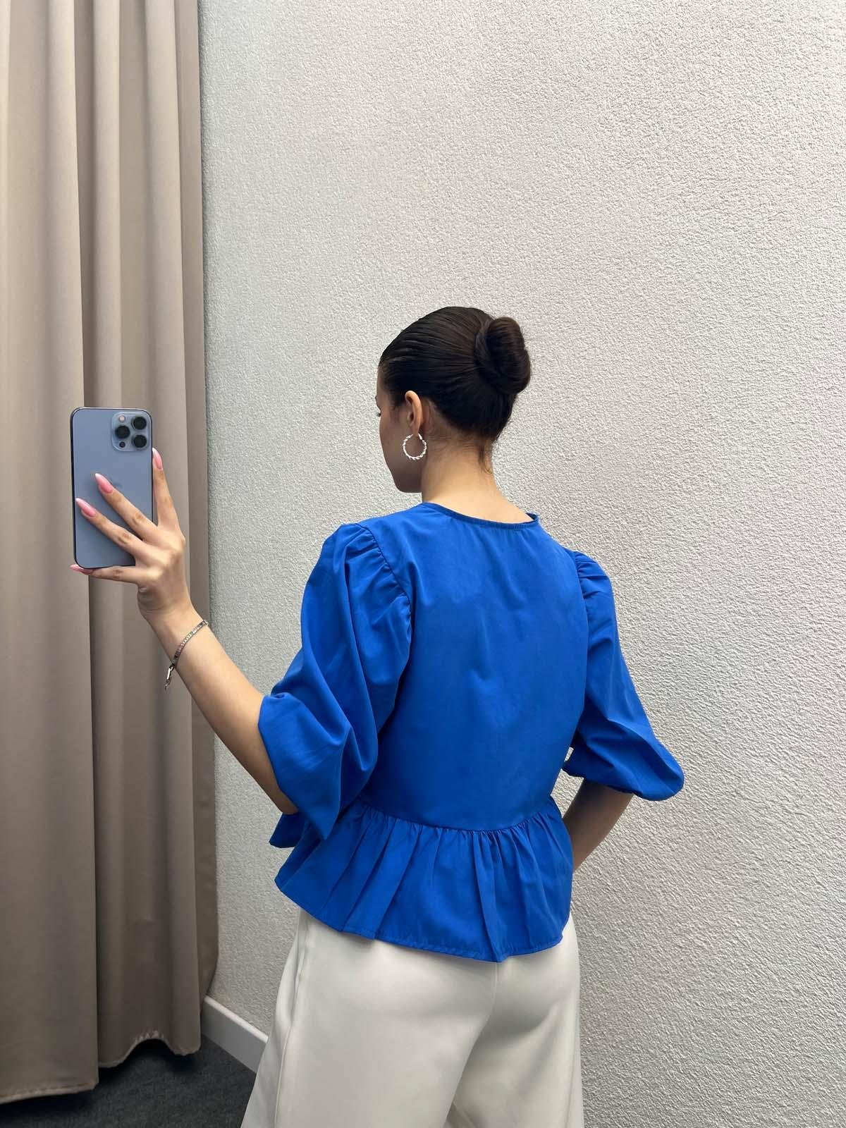 Voleta Önü Bağlamalı Saks Mavi Bluz