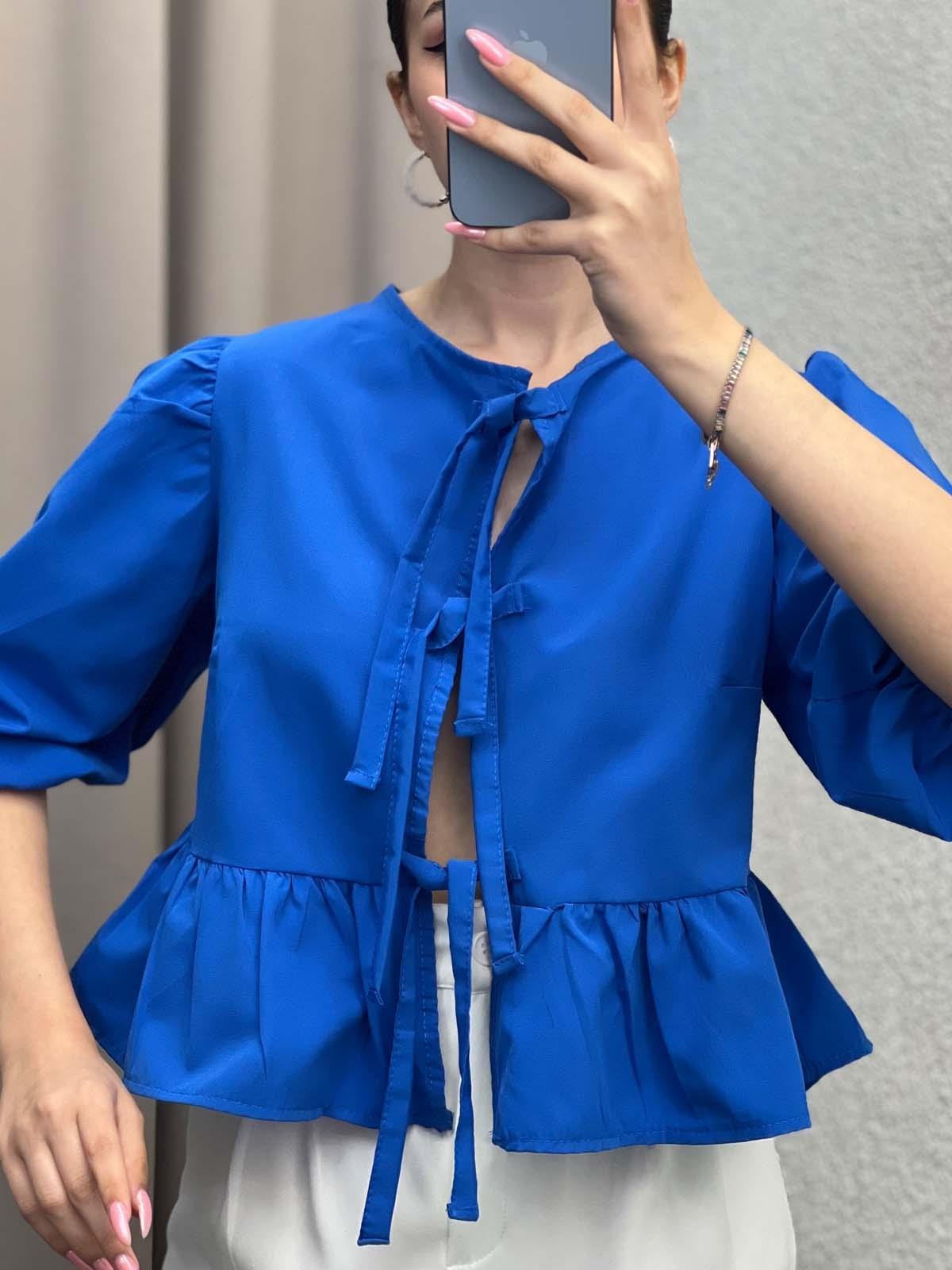 Voleta Önü Bağlamalı Saks Mavi Bluz