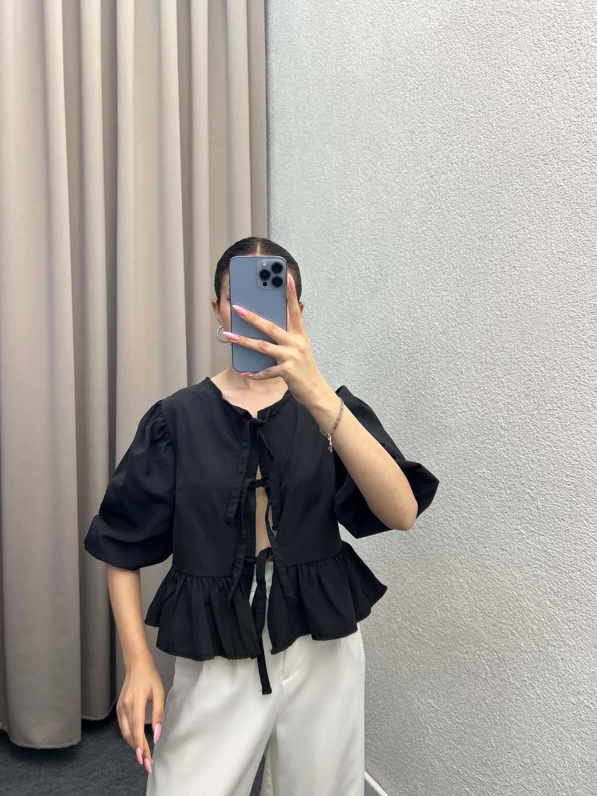Voleta Önü Bağlamalı Siyah Bluz