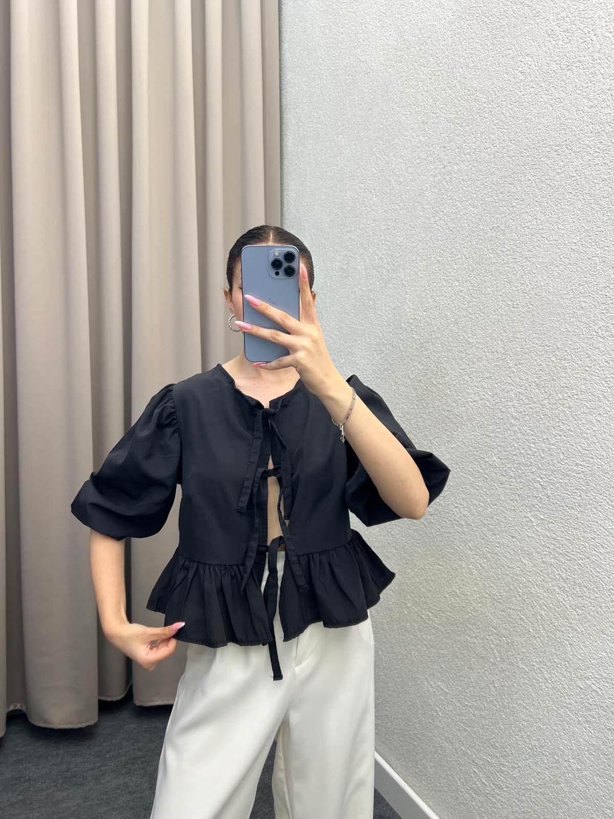 Voleta Önü Bağlamalı Siyah Bluz