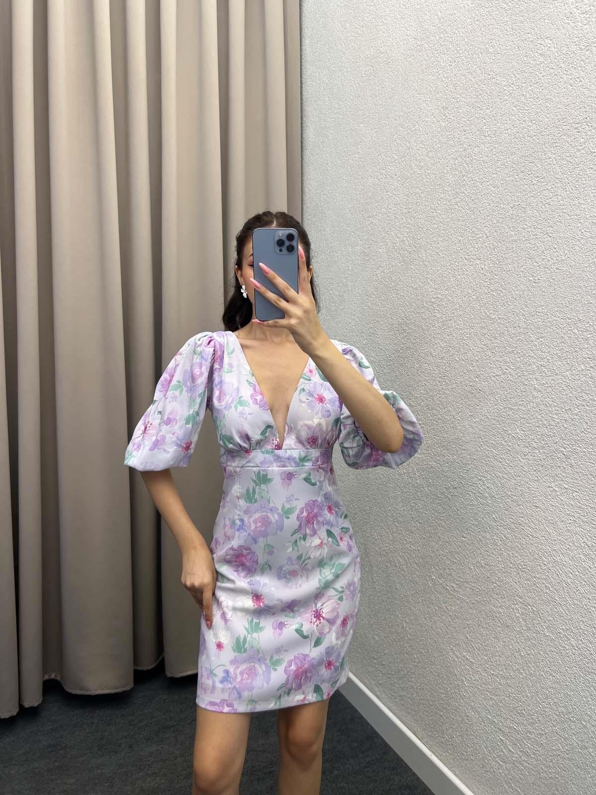 Webbed Mor Çiçekli Elbise