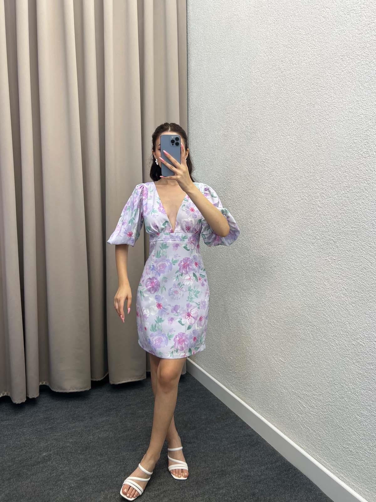 Webbed Mor Çiçekli Elbise