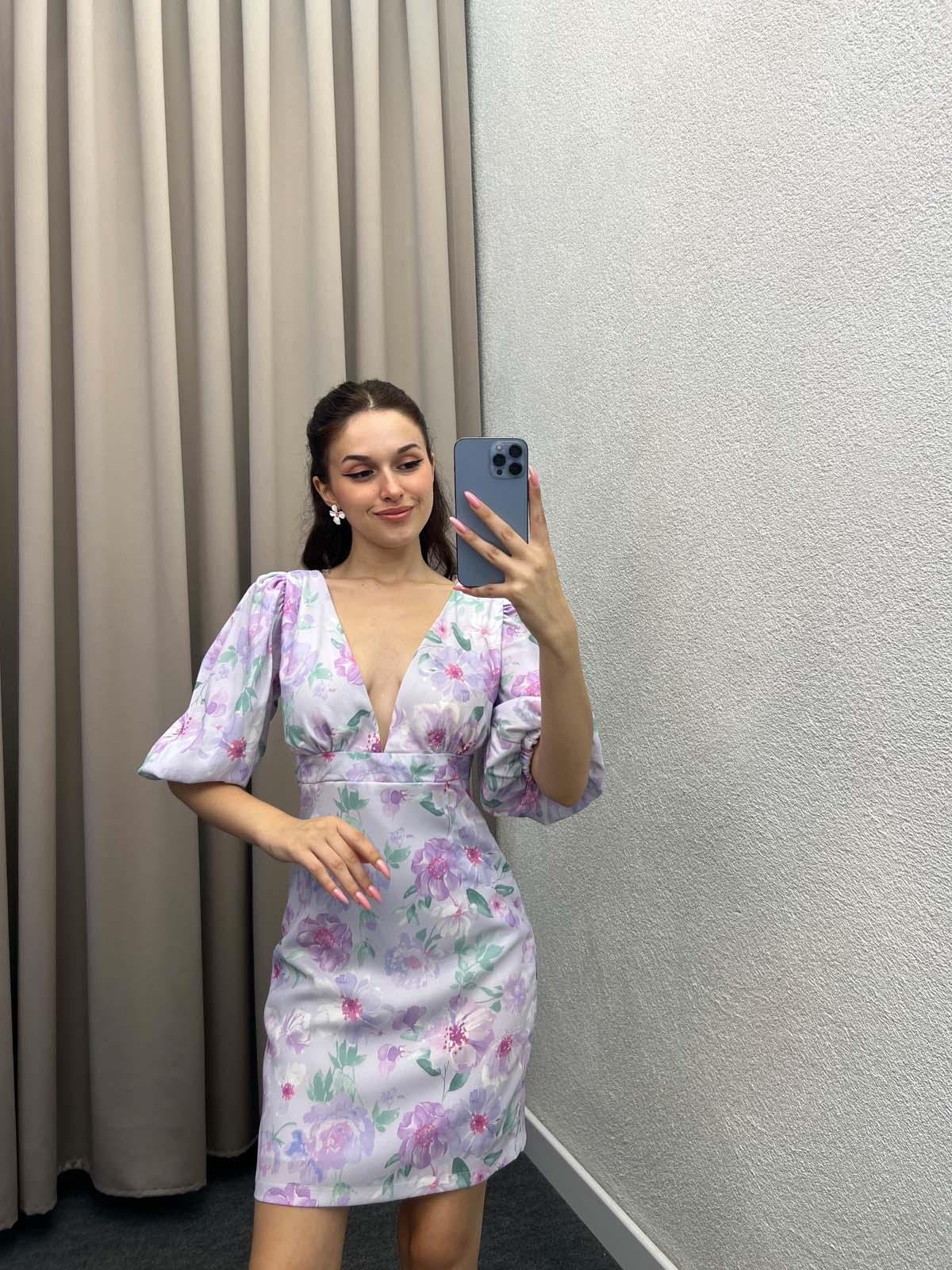Webbed Mor Çiçekli Elbise