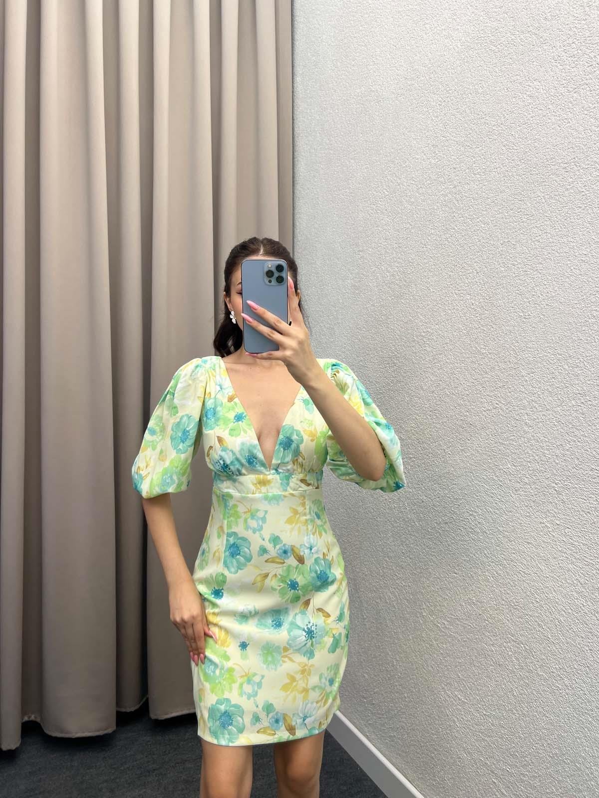 Webbed Yeşil Çiçekli Elbise