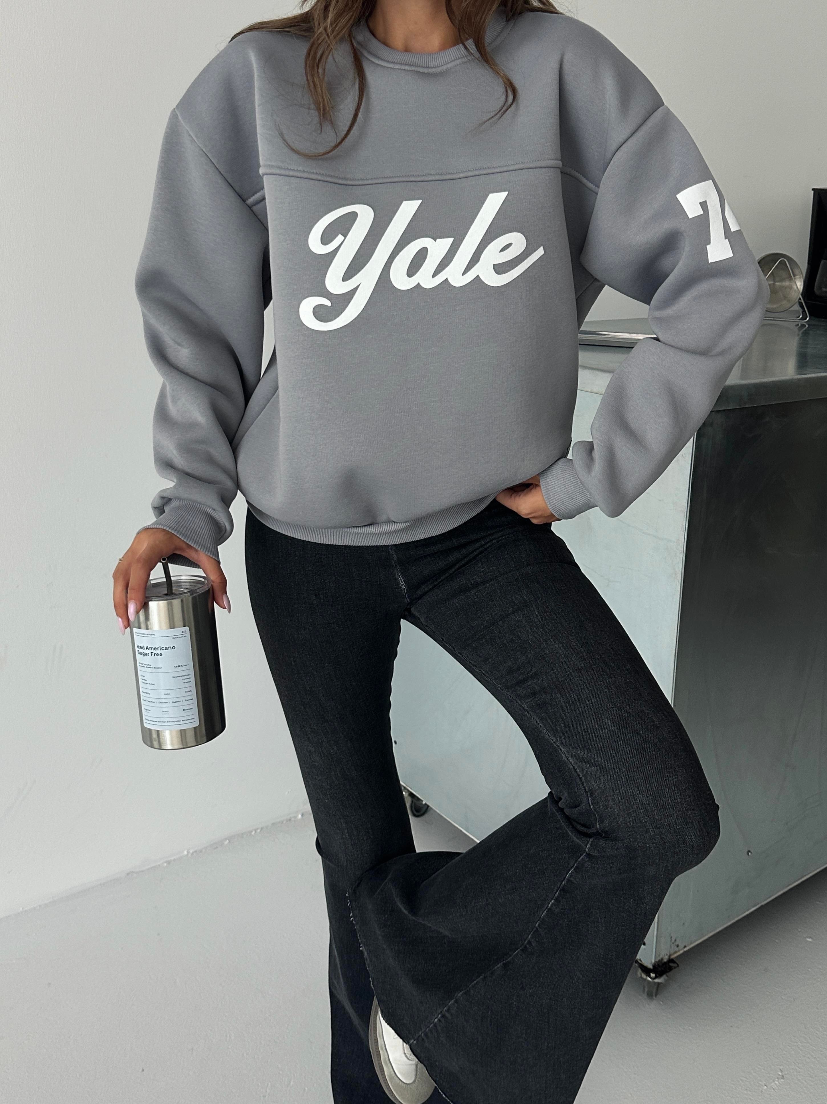 Yale Baskılı Oversize Gri Sweatshirt