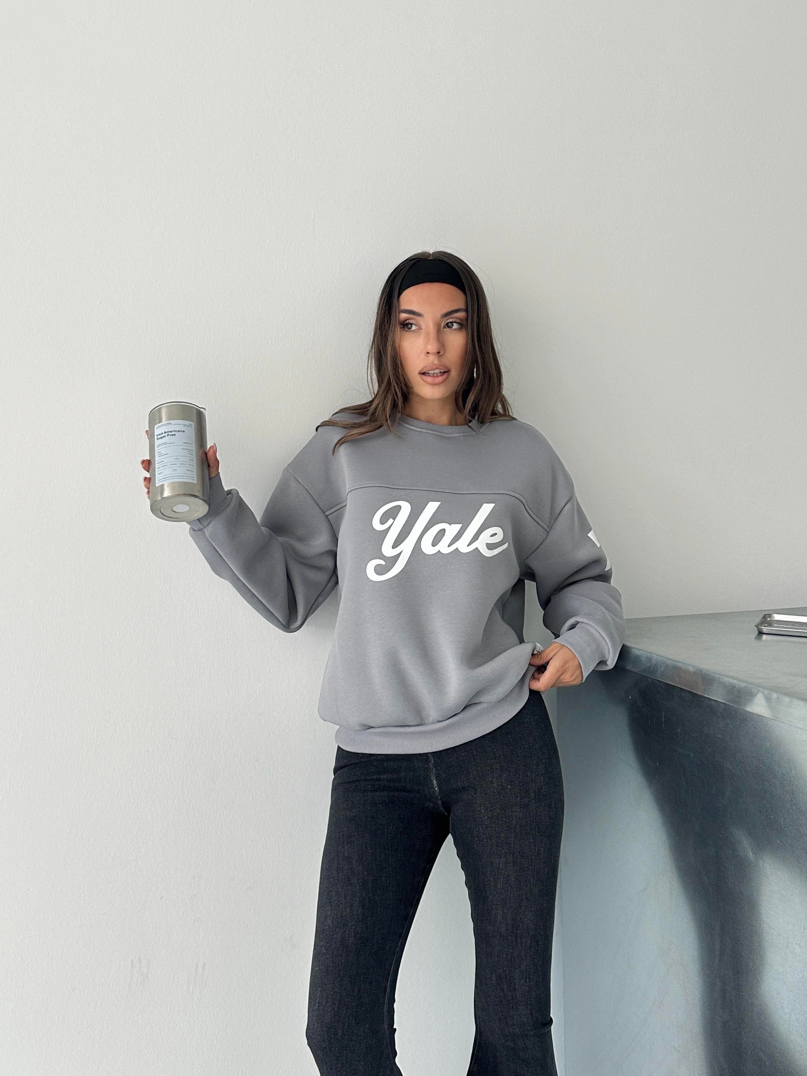 Yale Baskılı Oversize Gri Sweatshirt