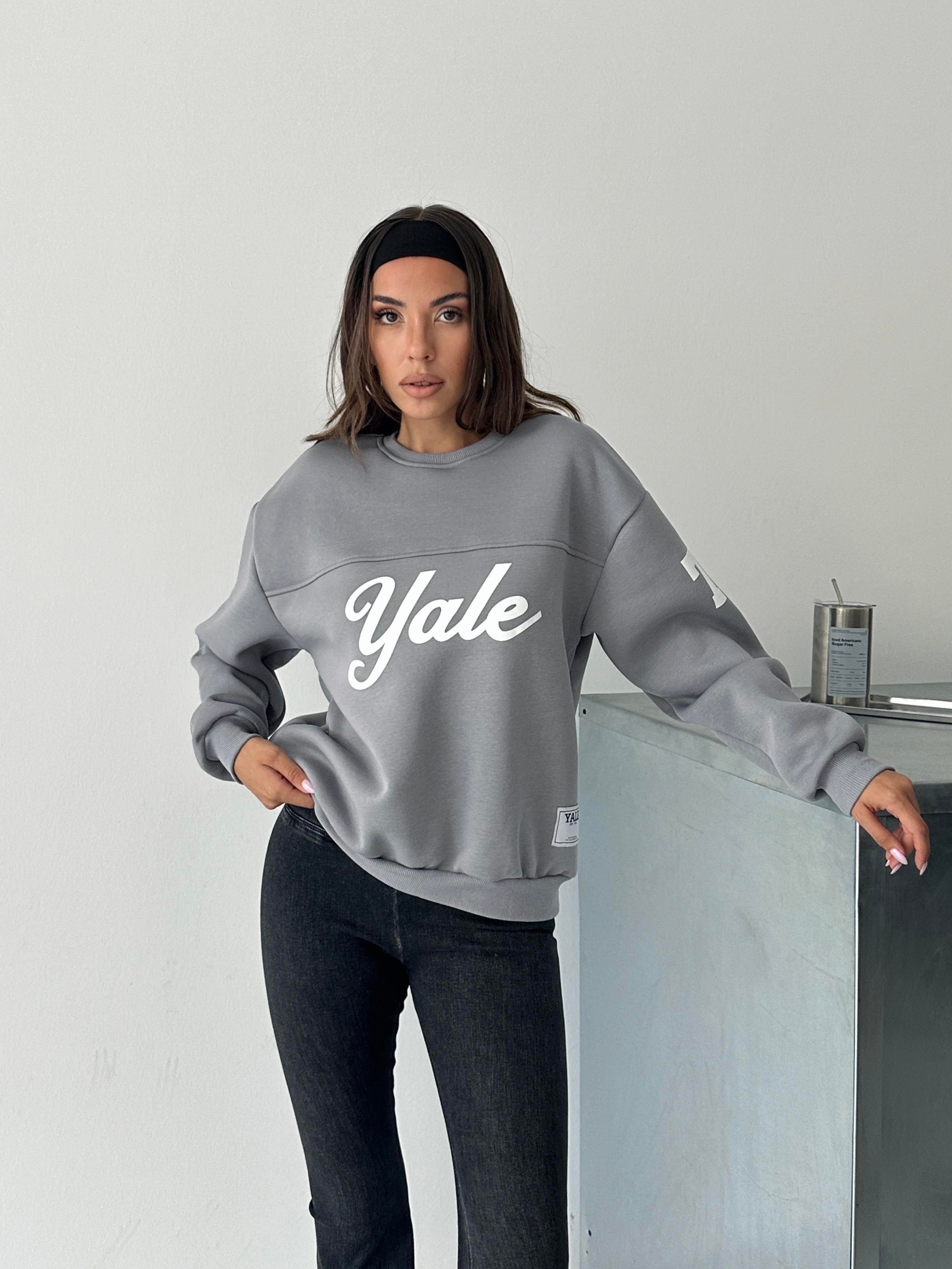 Yale Baskılı Oversize Gri Sweatshirt