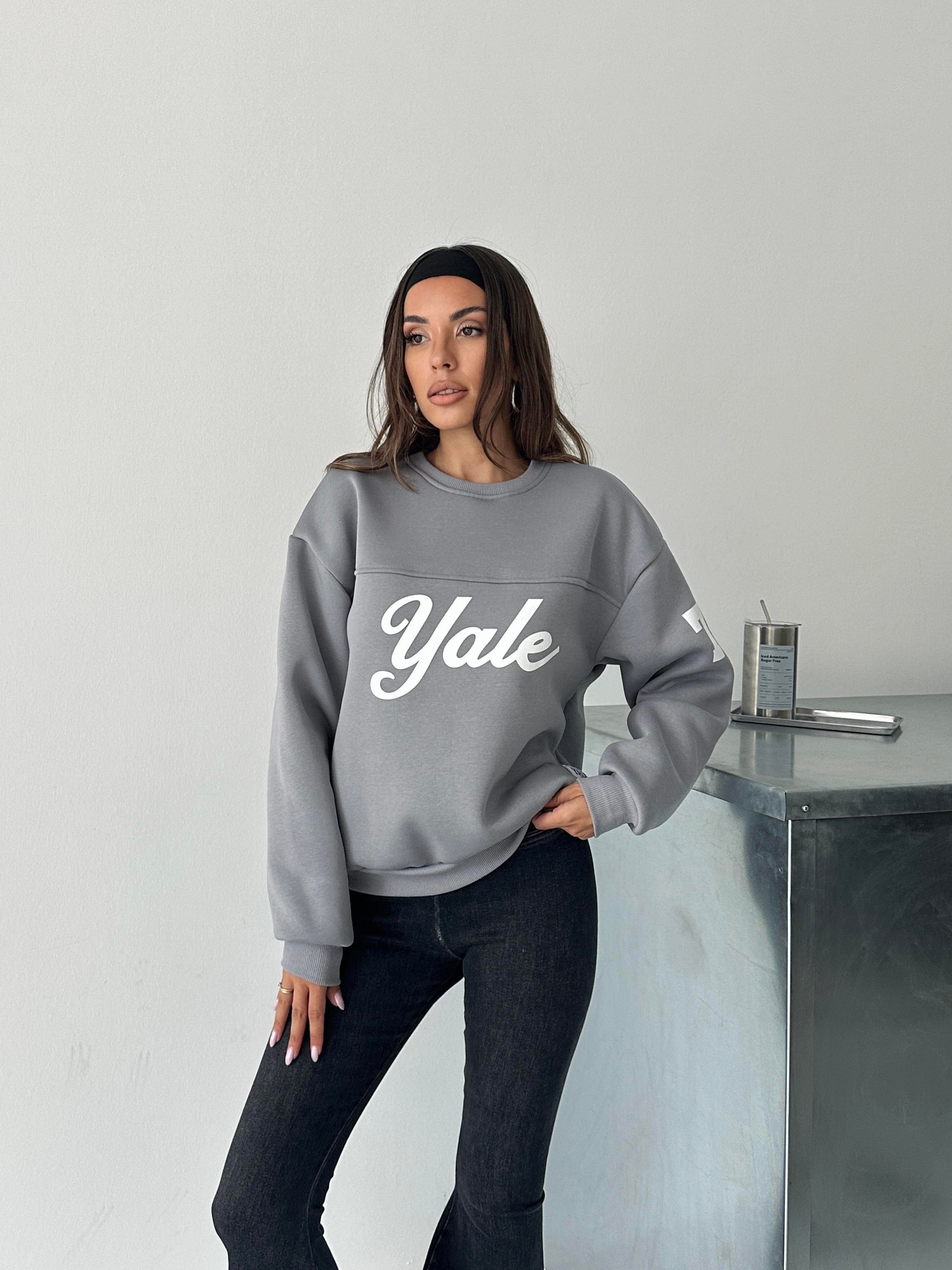 Yale Baskılı Oversize Gri Sweatshirt