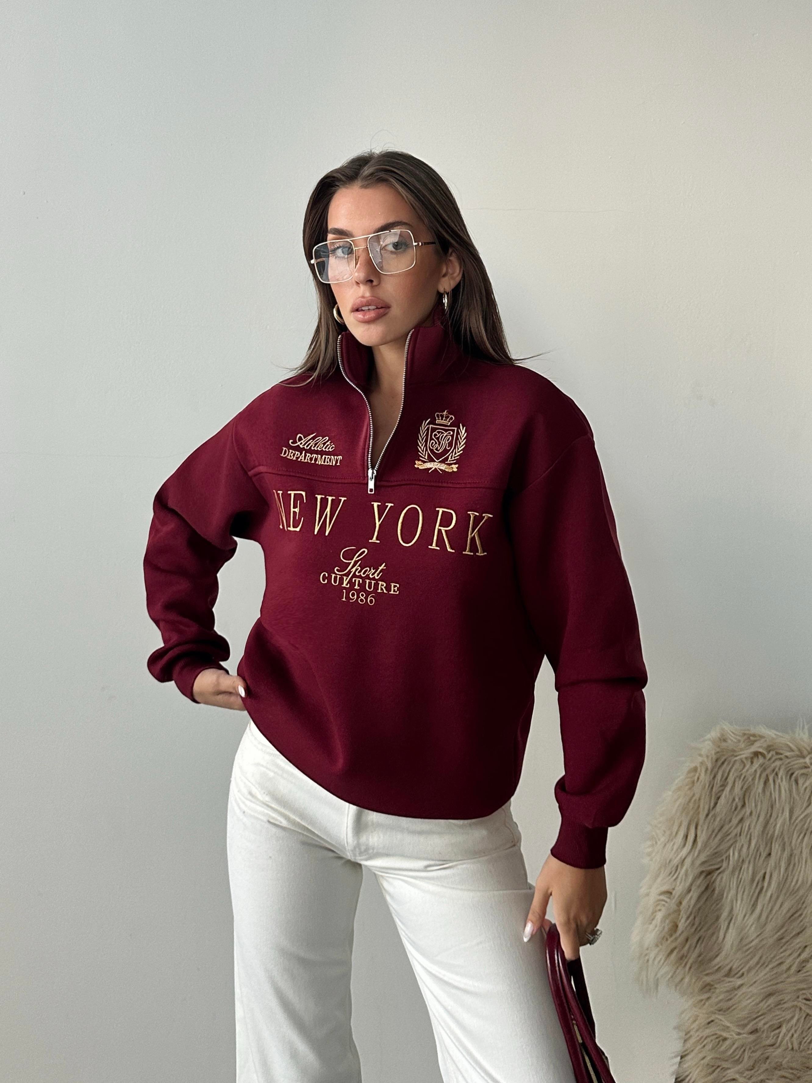 Yarım Fermuarlı New York Bordo Sweatshirt
