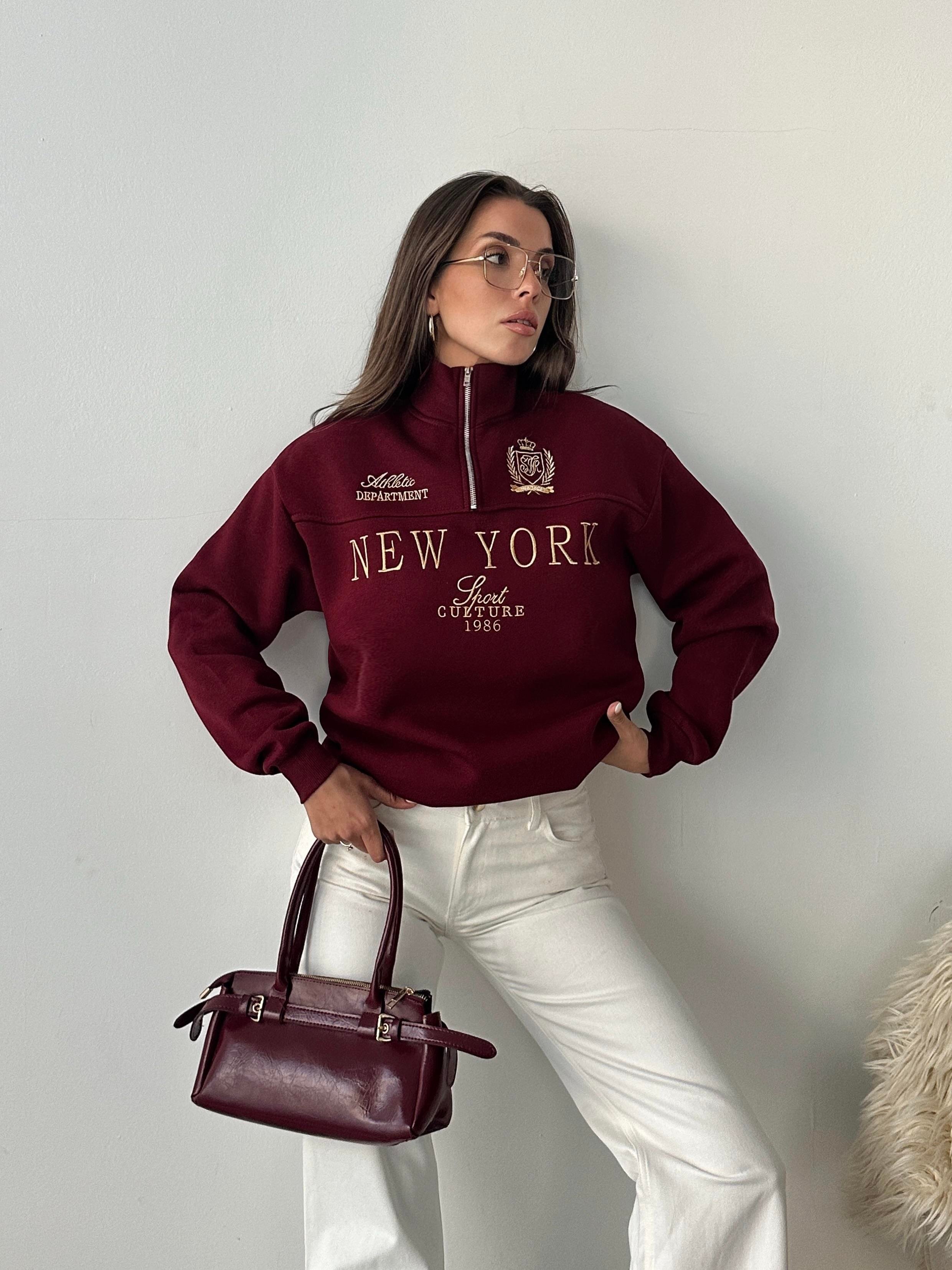 Yarım Fermuarlı New York Bordo Sweatshirt
