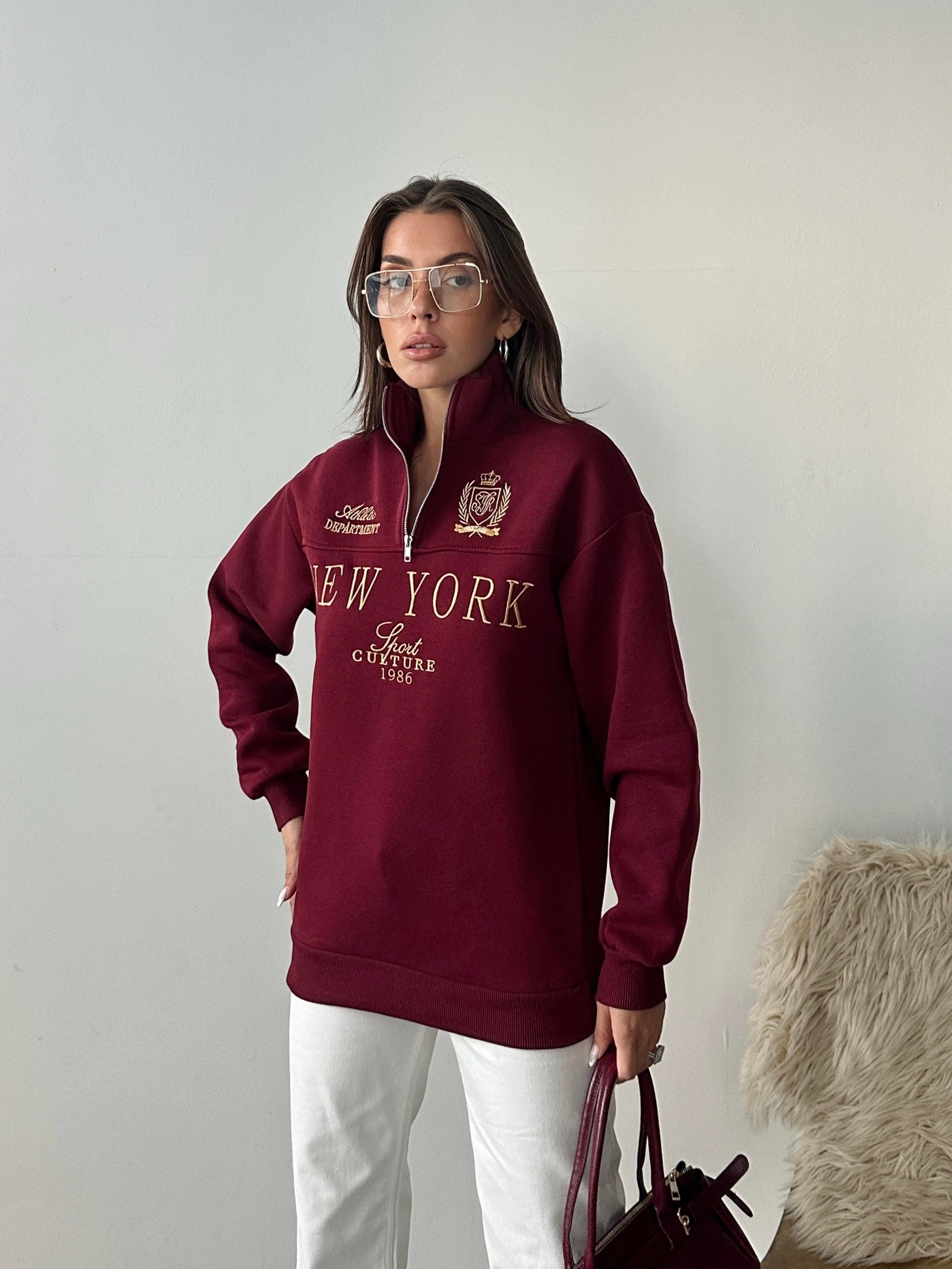 Yarım Fermuarlı New York Bordo Sweatshirt