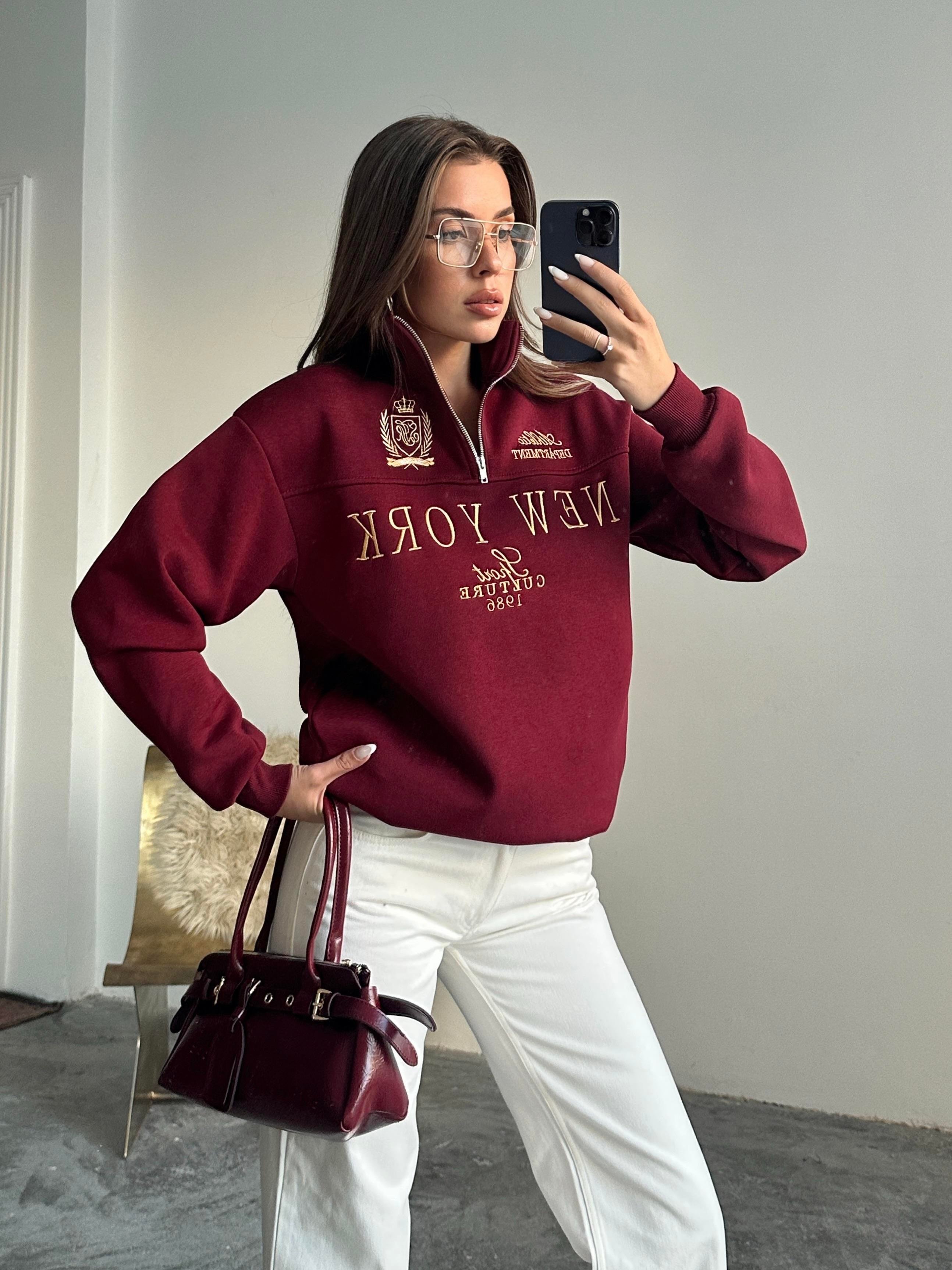 Yarım Fermuarlı New York Bordo Sweatshirt