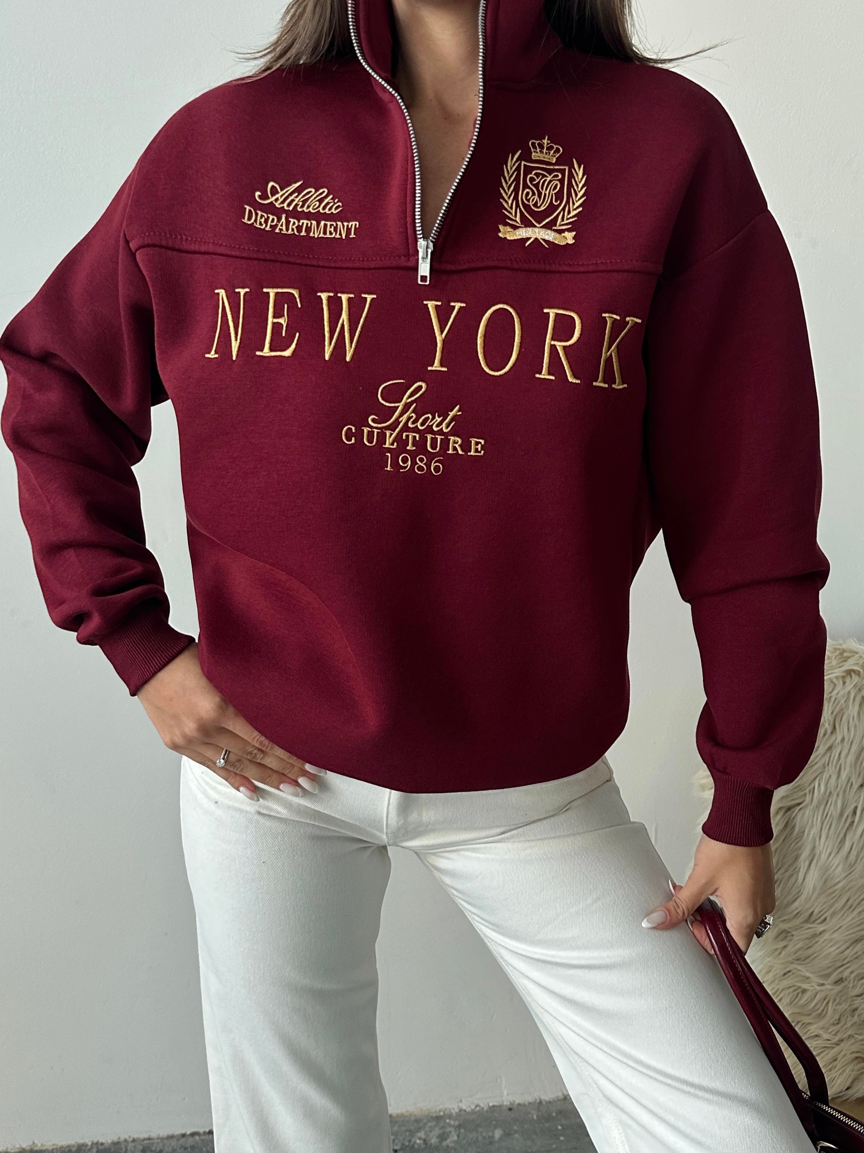 Yarım Fermuarlı New York Bordo Sweatshirt