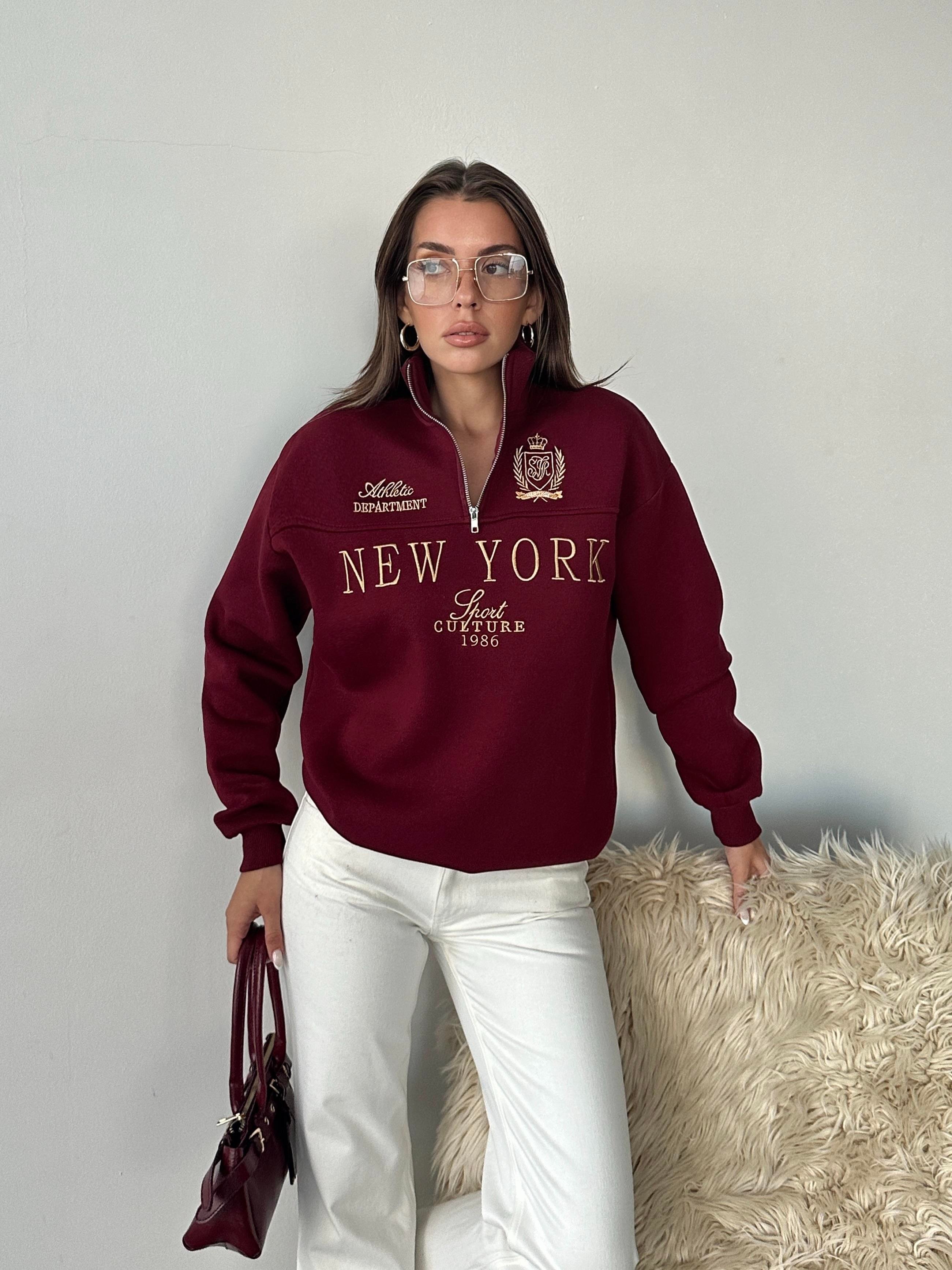 Yarım Fermuarlı New York Bordo Sweatshirt