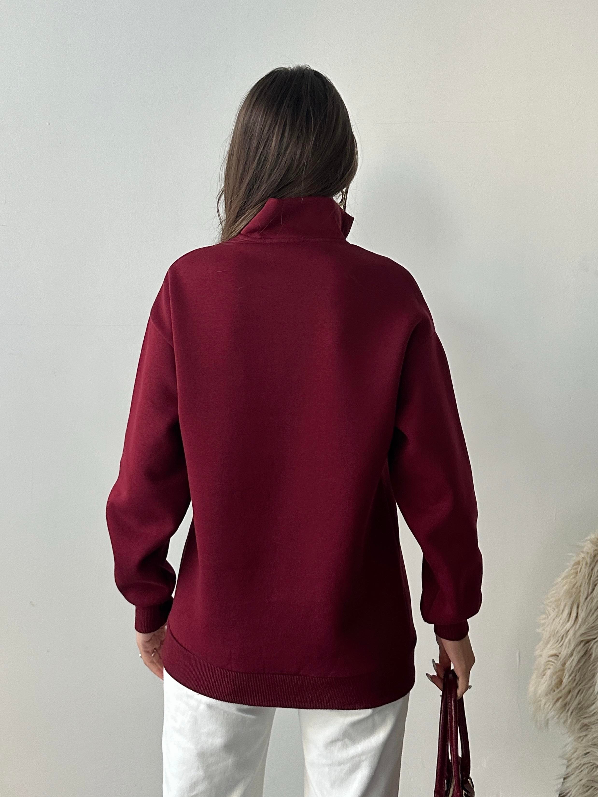 Yarım Fermuarlı New York Bordo Sweatshirt