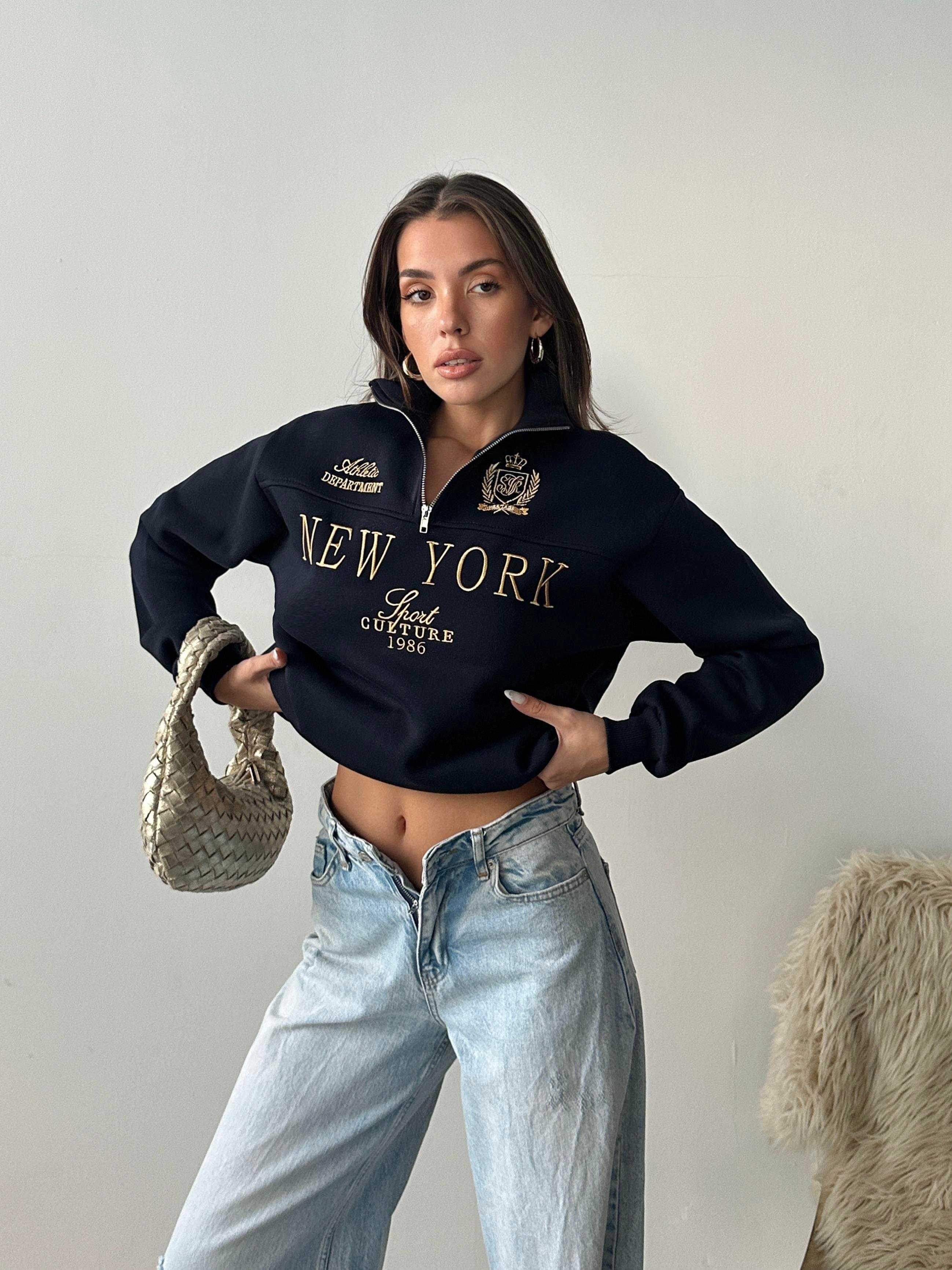 Yarım Fermuarlı New York Lacivert Sweatshirt