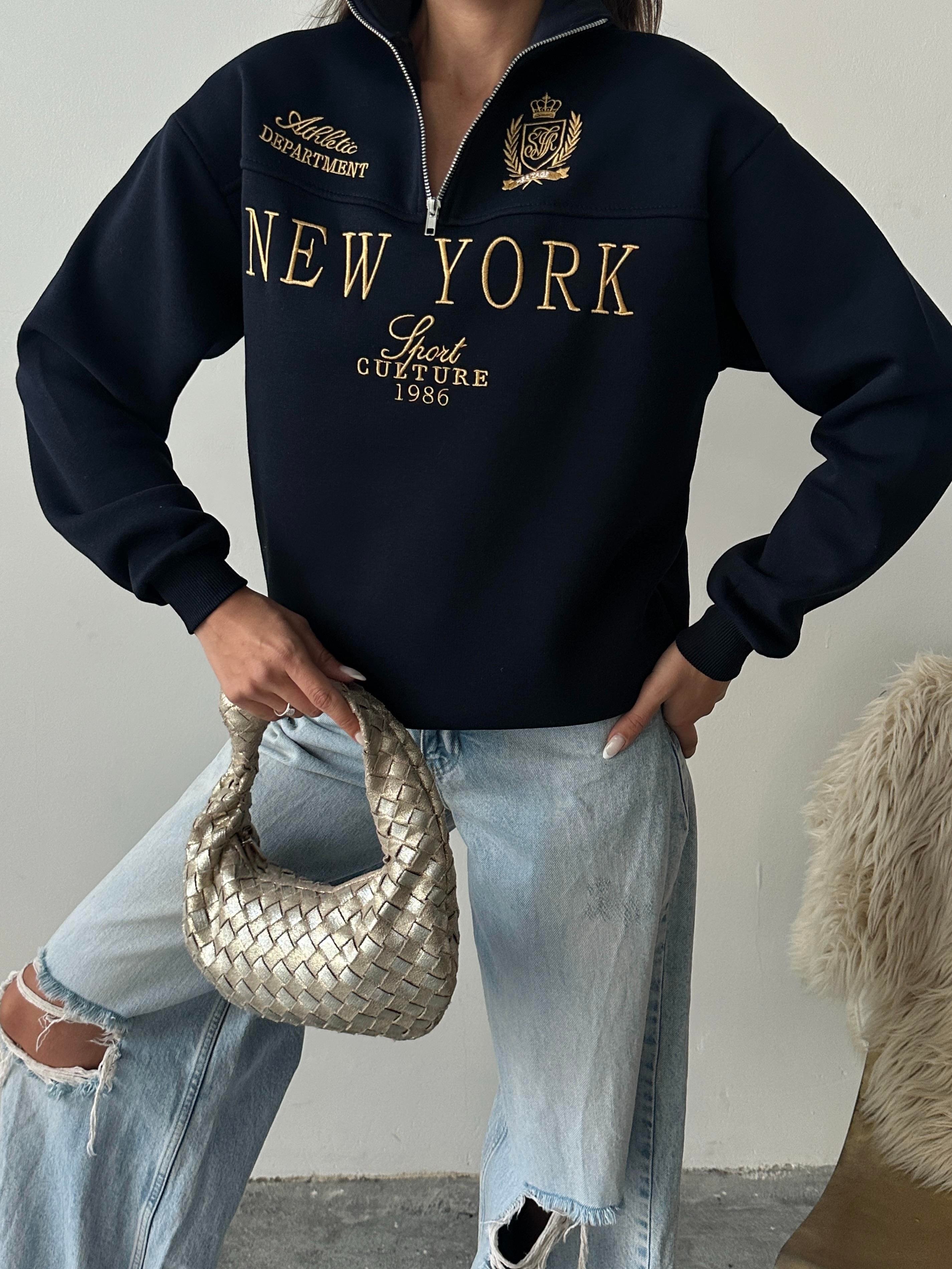 Yarım Fermuarlı New York Lacivert Sweatshirt