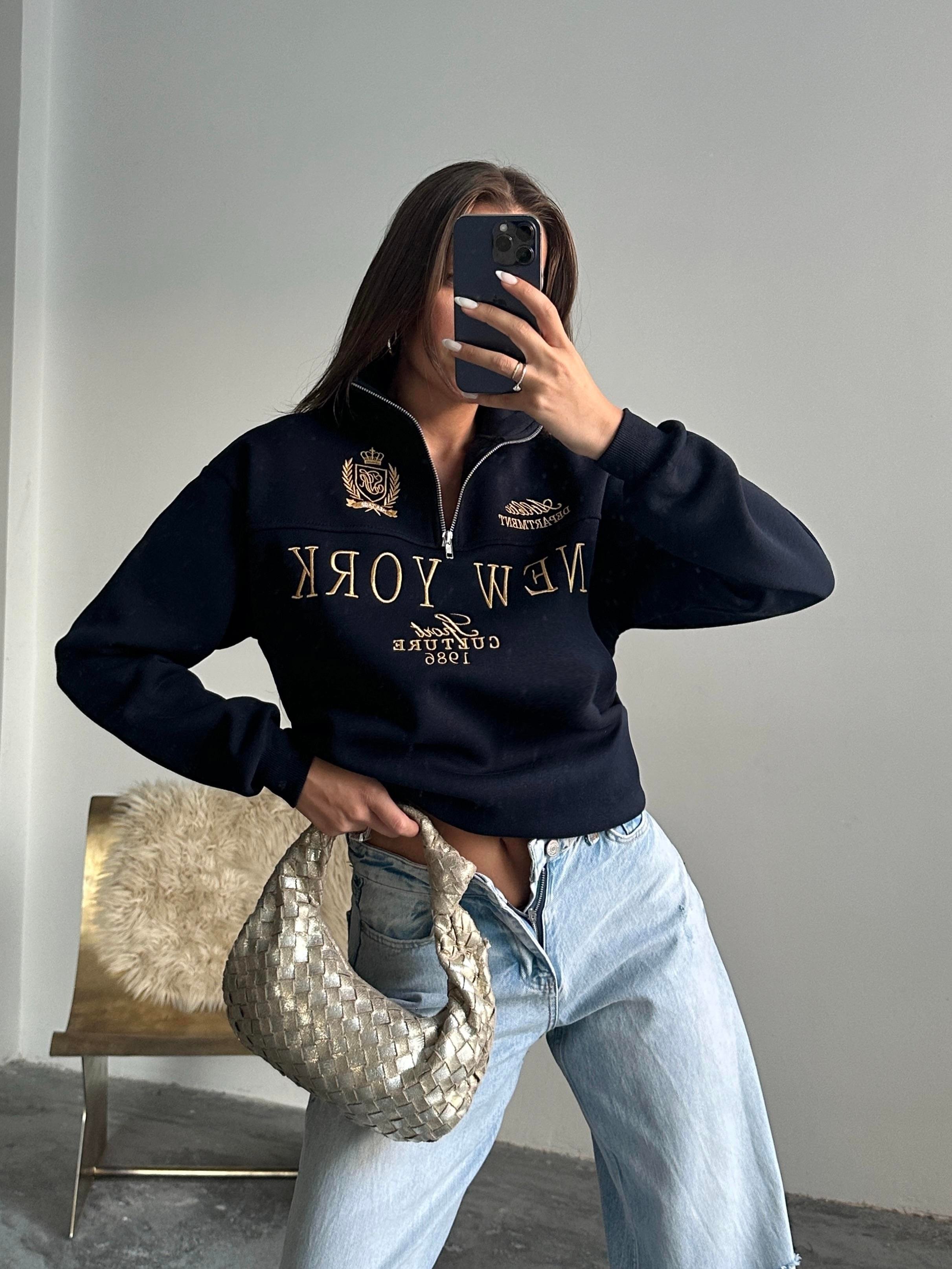 Yarım Fermuarlı New York Lacivert Sweatshirt