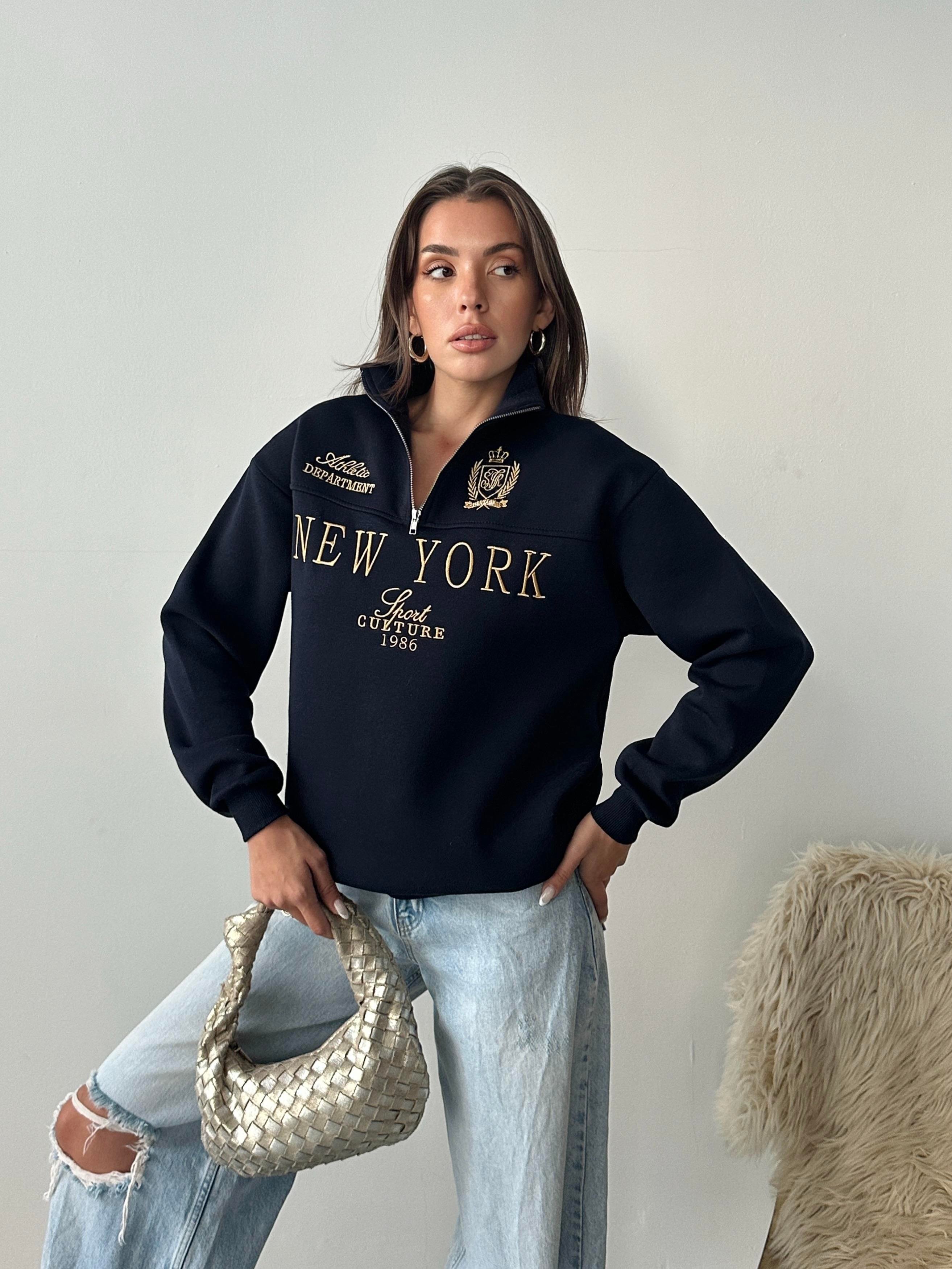 Yarım Fermuarlı New York Lacivert Sweatshirt