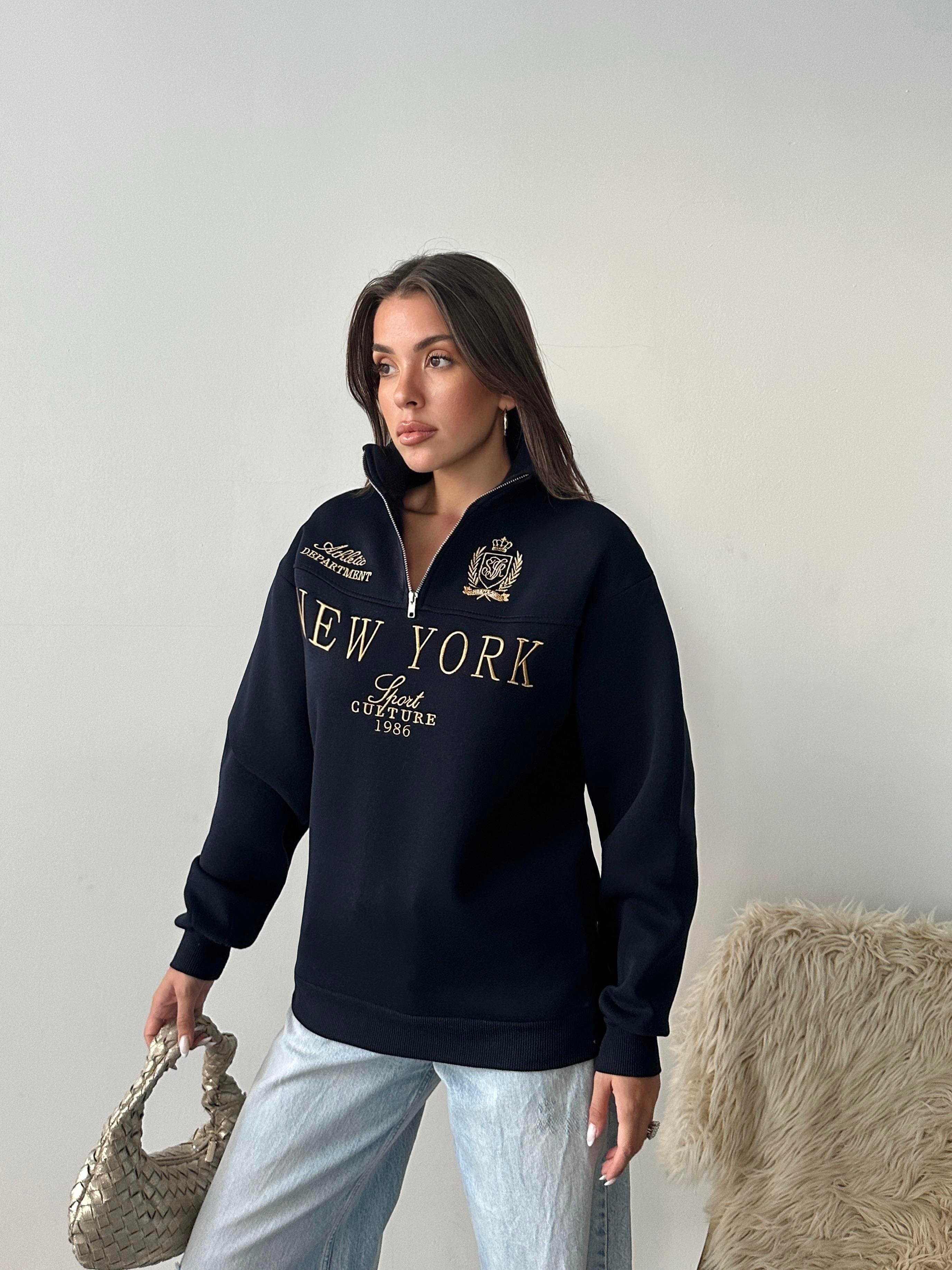 Yarım Fermuarlı New York Lacivert Sweatshirt