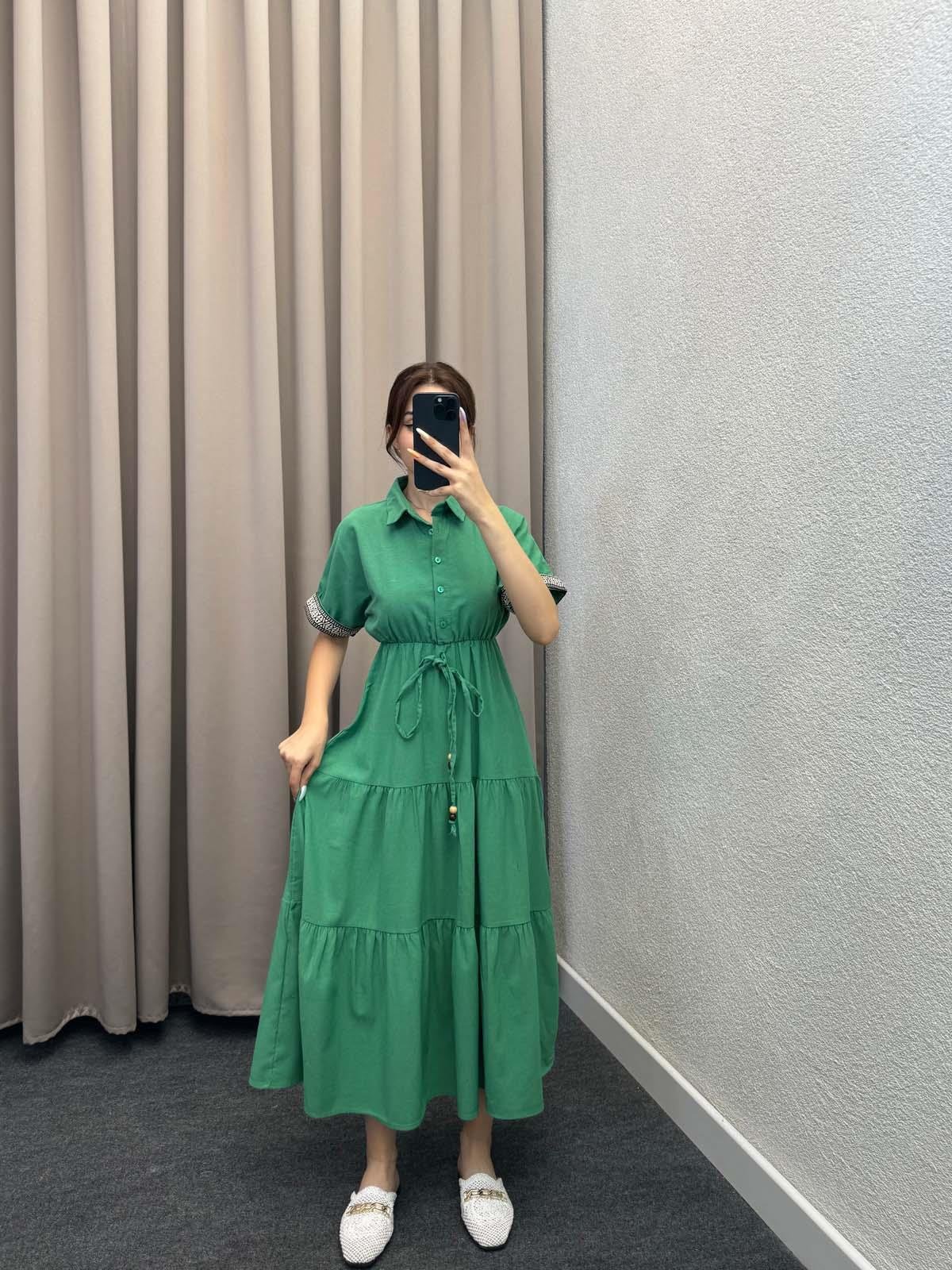 Zhao Gömlek Yaka Yeşil Keten Elbise