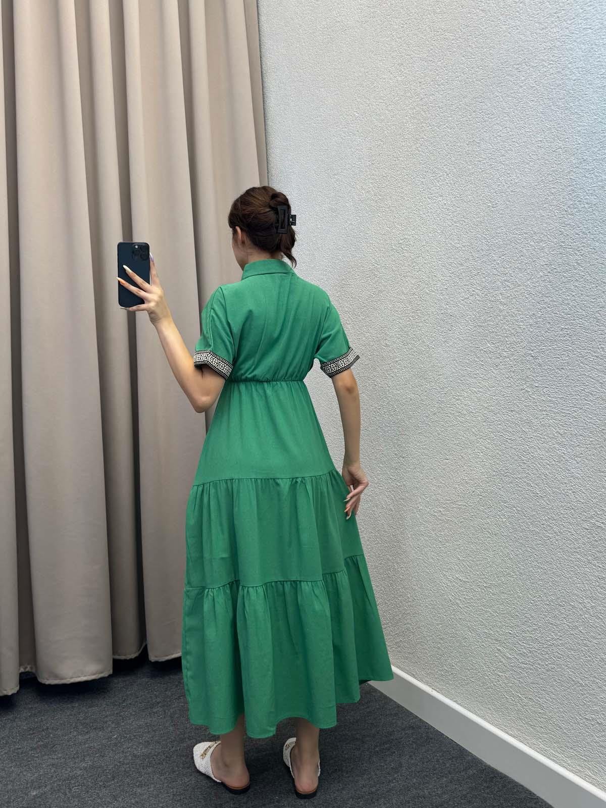 Zhao Gömlek Yaka Yeşil Keten Elbise